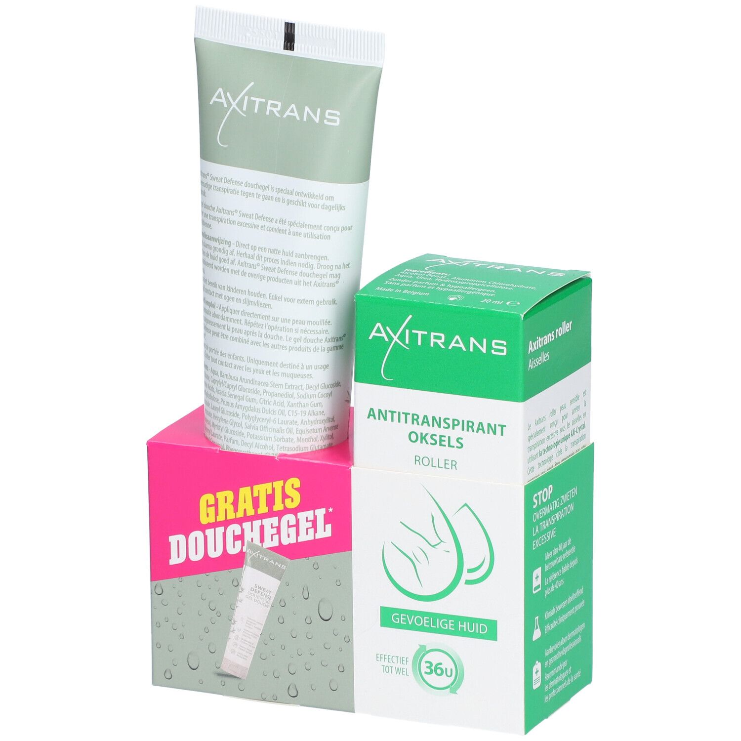 Trois produits : roller antitranspirant, gel douche et tube. Texte : Axitrans, GRATIS DOUCHEGEL.