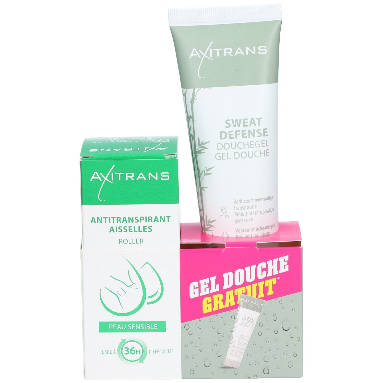Trois produits : roller antitranspirant, gel douche et tube. Texte : Axitrans, Sweat Defense, Gel Douche GRATUIT.