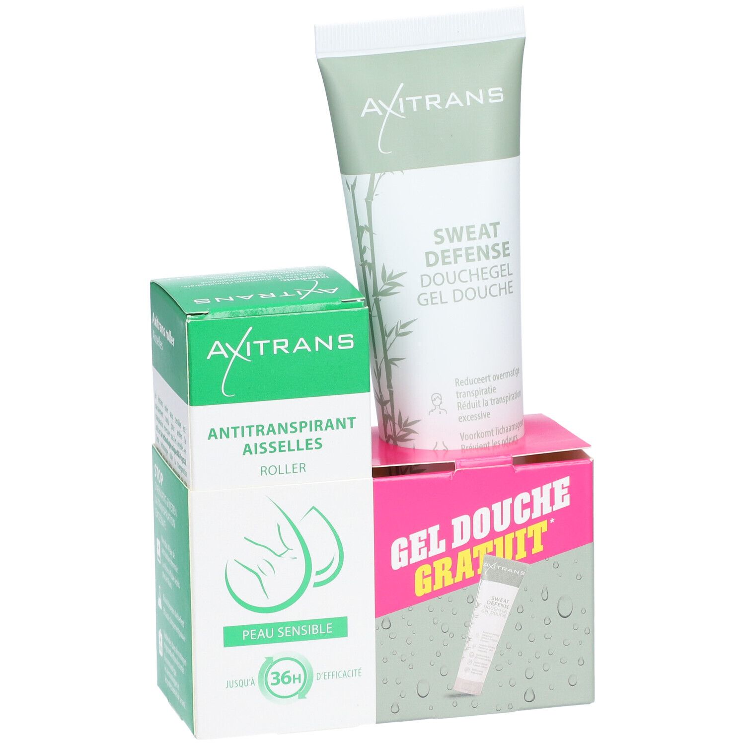Trois produits : roller antitranspirant, gel douche et tube. Texte : Axitrans, Sweat Defense, Gel Douche GRATUIT.