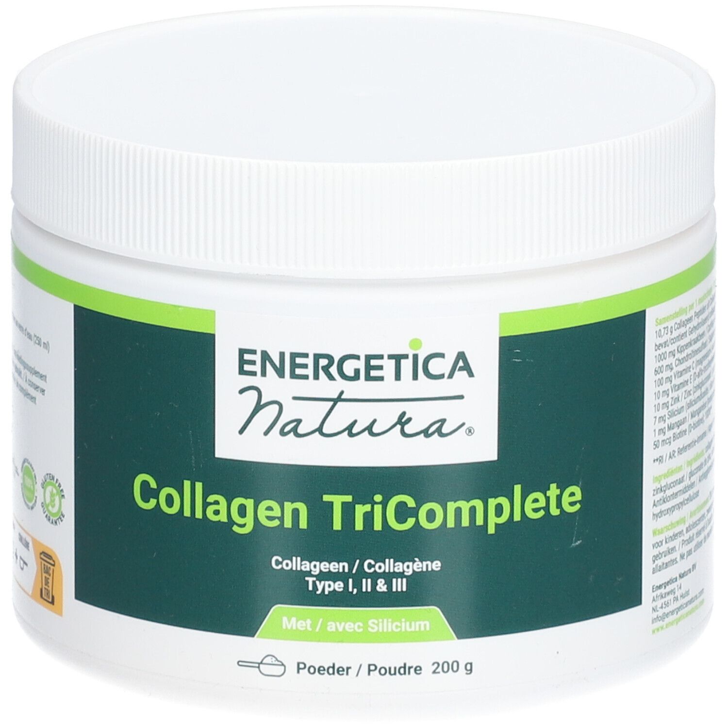 Pot blanc avec étiquette verte. Inscription : Energetica Natura, Collagen TriComplete, Type I, II & III, 200 g.