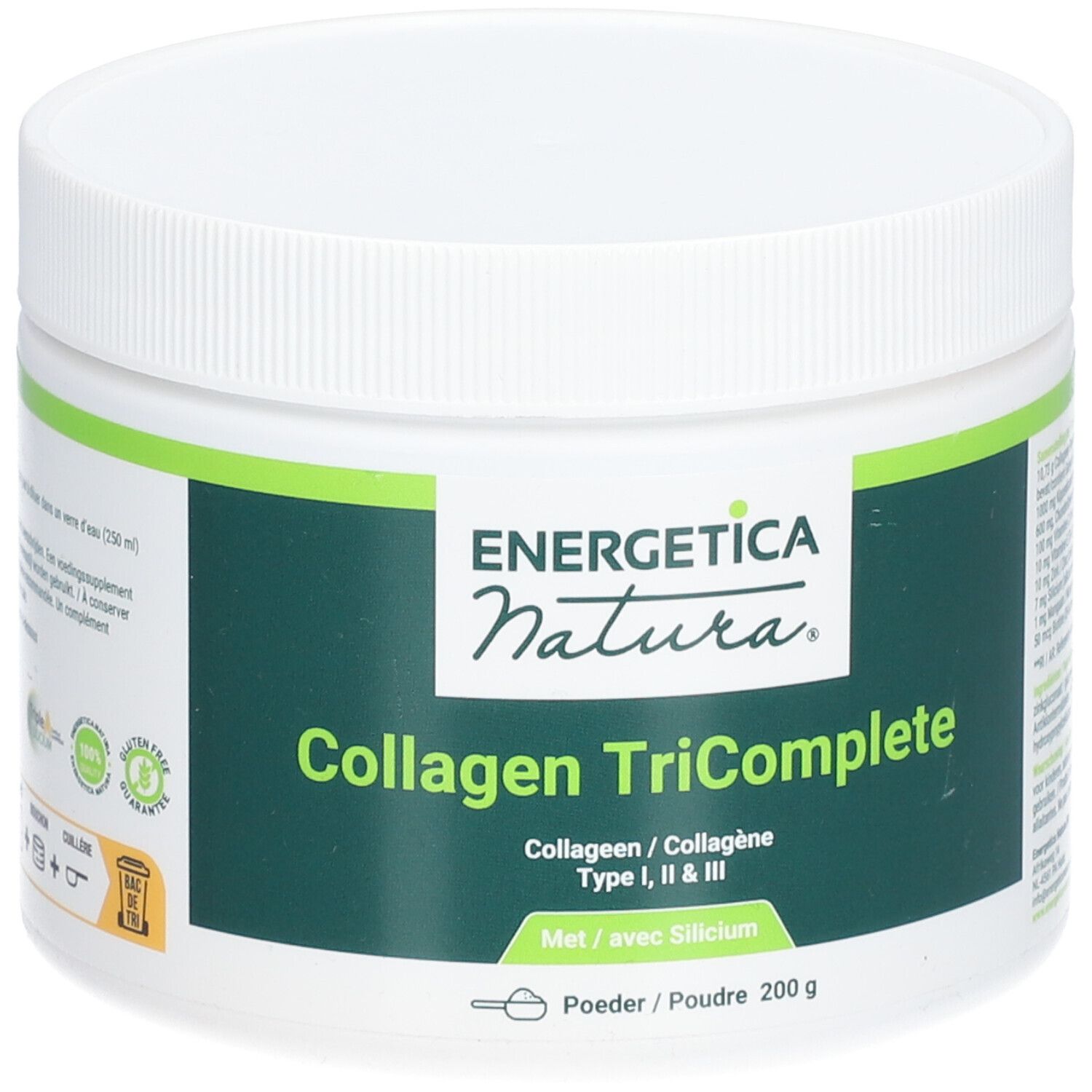 Pot blanc avec étiquette verte. Inscription : Energetica Natura, Collagen TriComplete, Type I, II & III, 200 g.