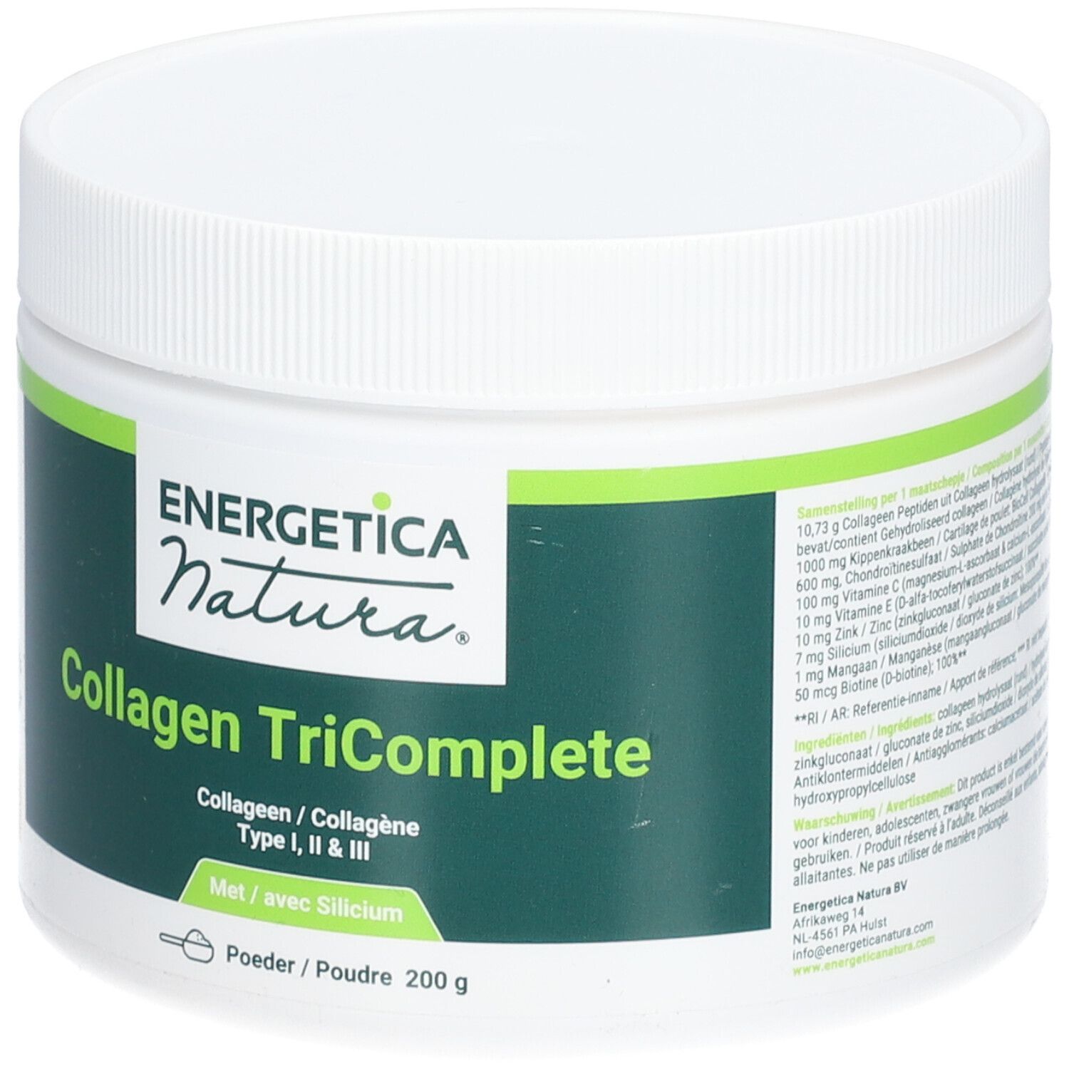 Pot blanc avec étiquette verte. Inscription : Energetica Natura, Collagen TriComplete, Type I, II & III, 200 g. Liste des ingrédients.