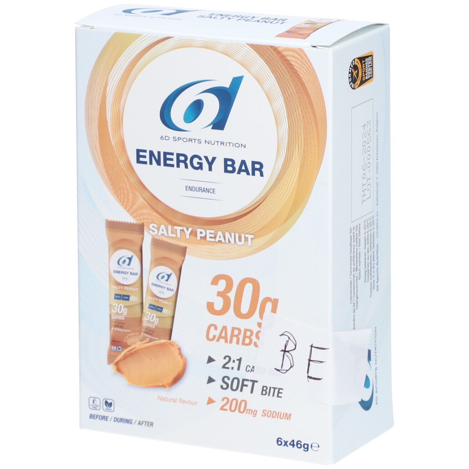 Verpackung mit 6 Energie-Riegeln. Aufdruck: 6D Sports Nutrition, Energy Bar, Salty Peanut, 30g Kohlenhydrate, 2:1 Ca, Soft Bite, 200mg Natrium.