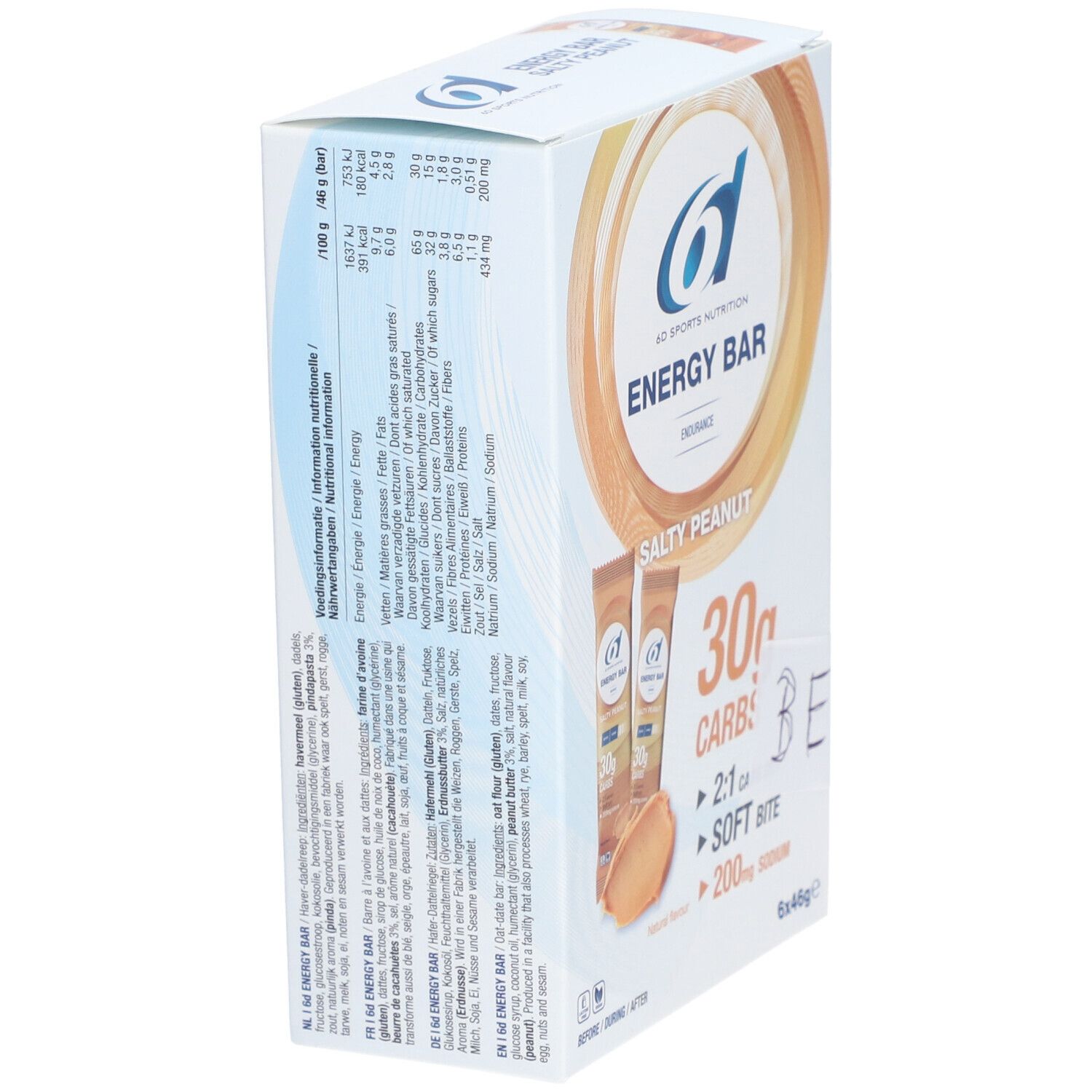 Verpackung mit 6 Energie-Riegeln. Aufdruck: 6D Sports Nutrition, Energy Bar, Salty Peanut, 30g Kohlenhydrate. Nährwertangaben und Zutatenliste.