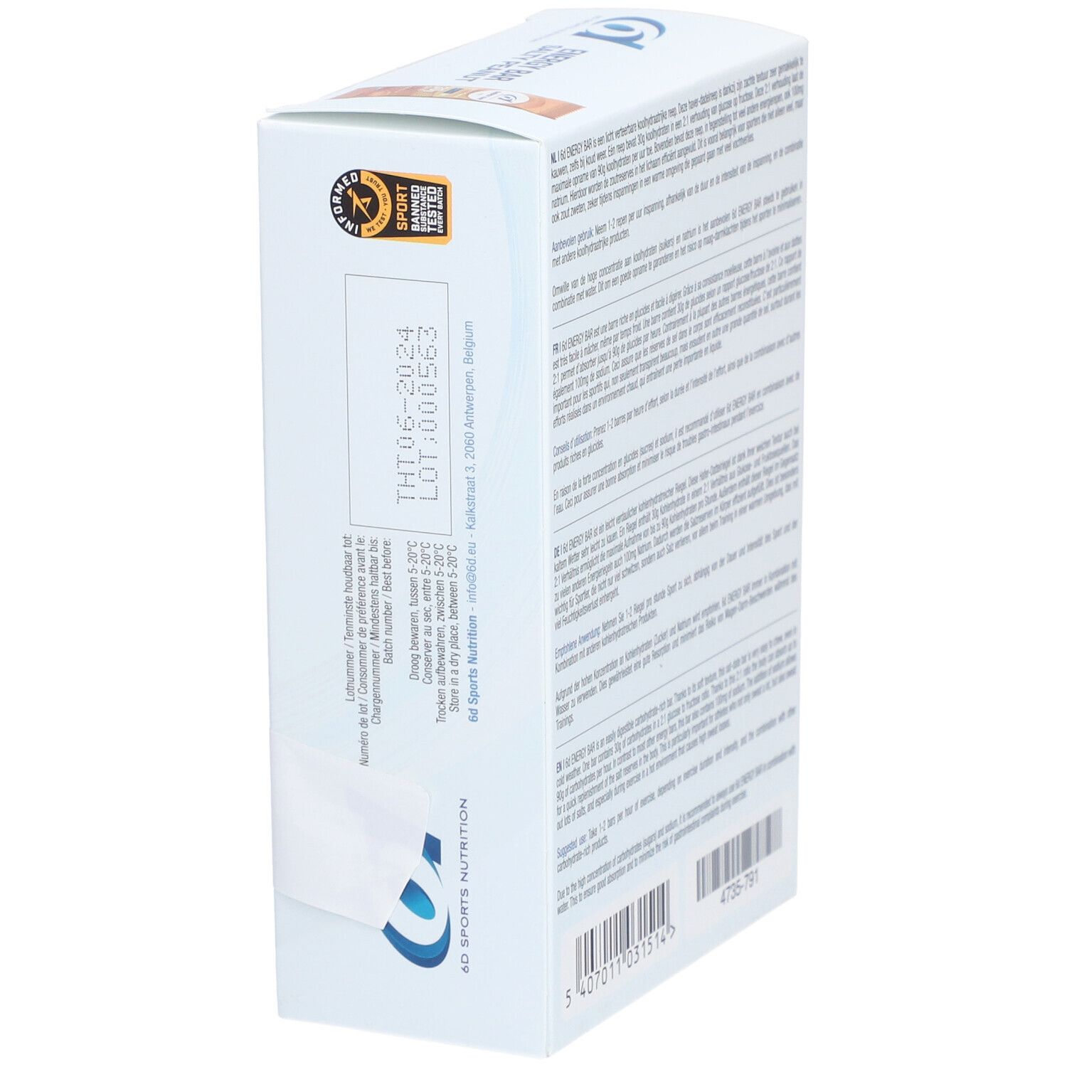Seitenansicht der Verpackung mit Text und Logo. Enthält Informationen zu Haltbarkeit, Chargennummer und Hersteller.