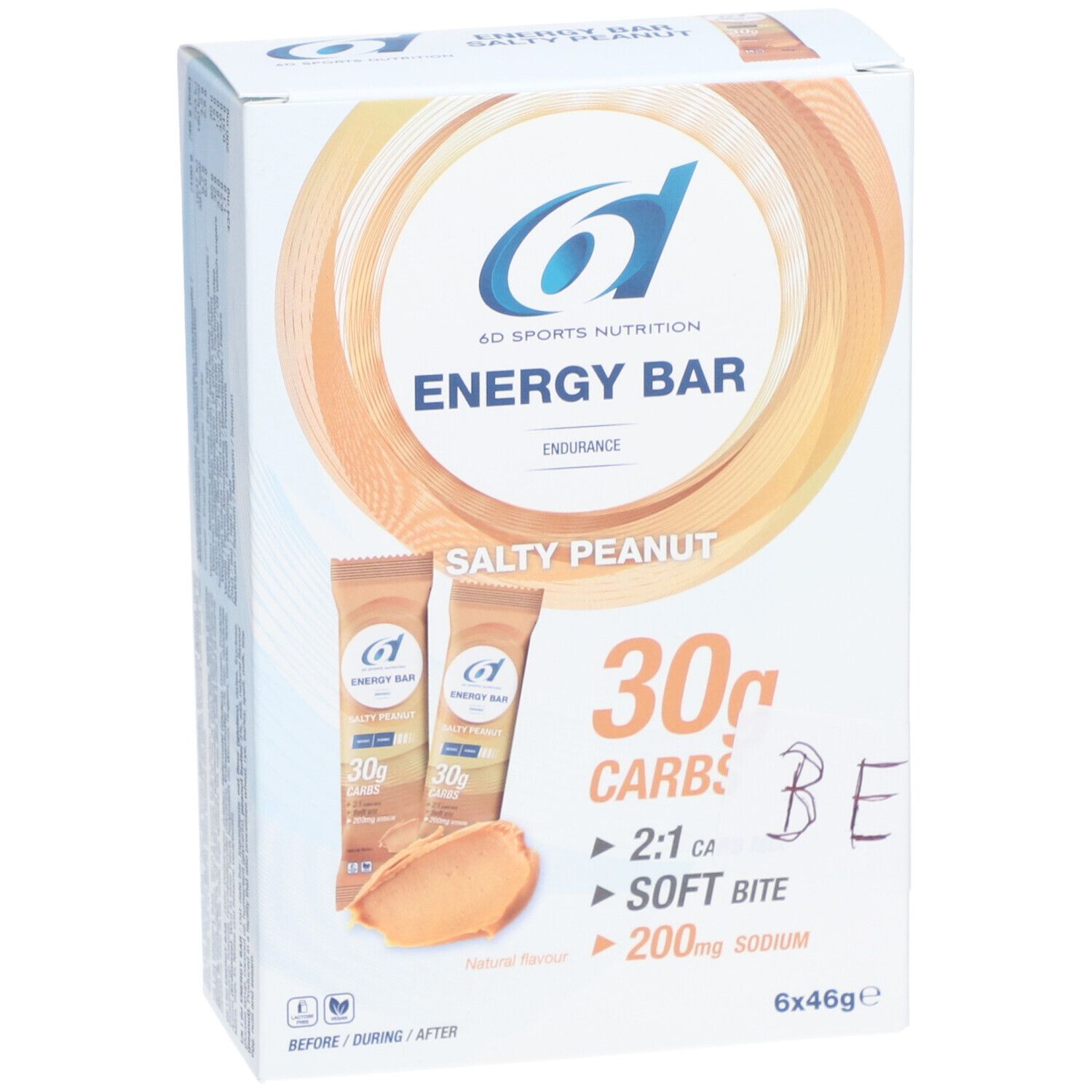 Verpackung mit 6 Energie-Riegeln. Aufdruck: 6D Sports Nutrition, Energy Bar, Salty Peanut, 30g Kohlenhydrate, 2:1 Ca, Soft Bite, 200mg Natrium.