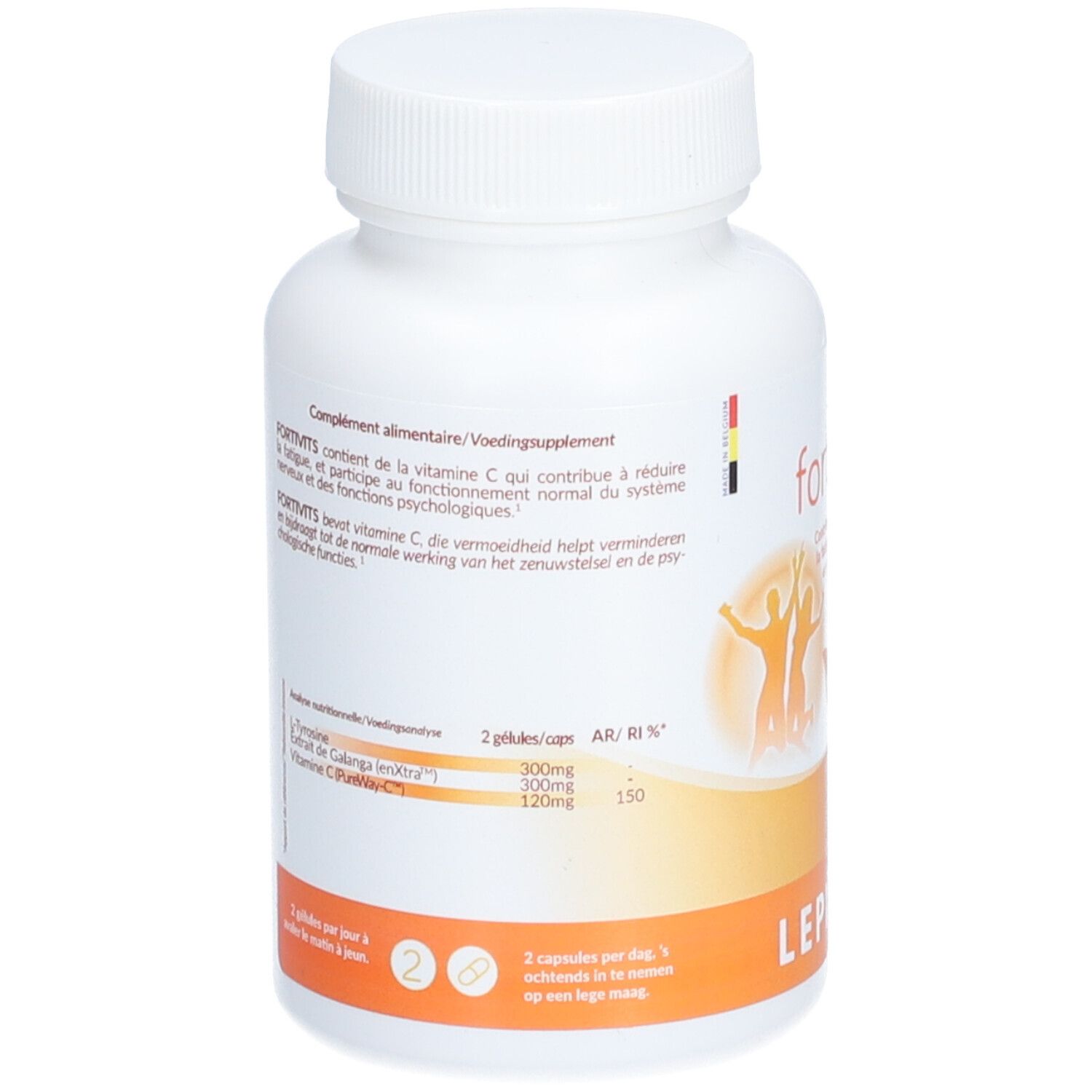 Achterkant van de witte fles met fortivits capsules. Tekst in meerdere talen. Oranje en gele achtergrond.
