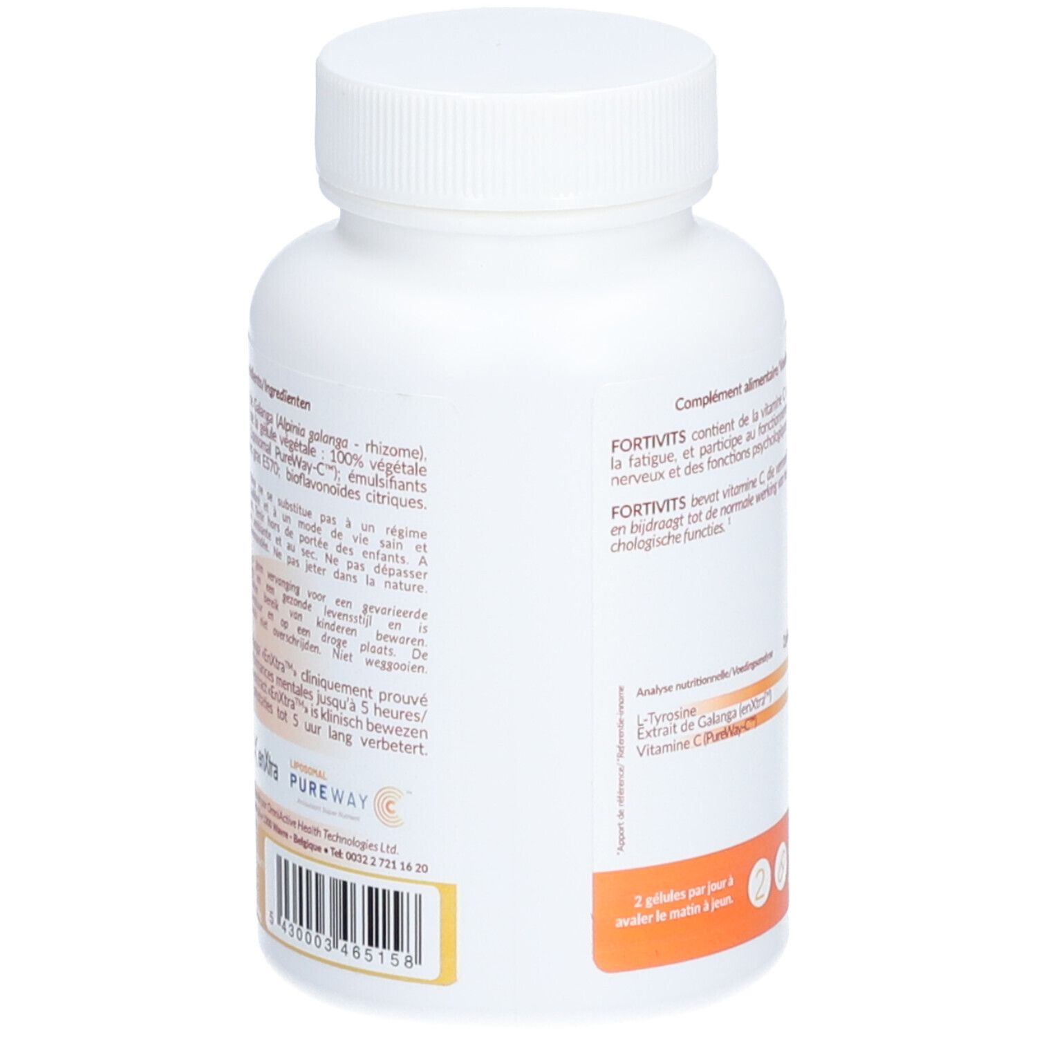Achterkant van de witte fles met fortivits capsules. Tekst in meerdere talen. Oranje en gele achtergrond.