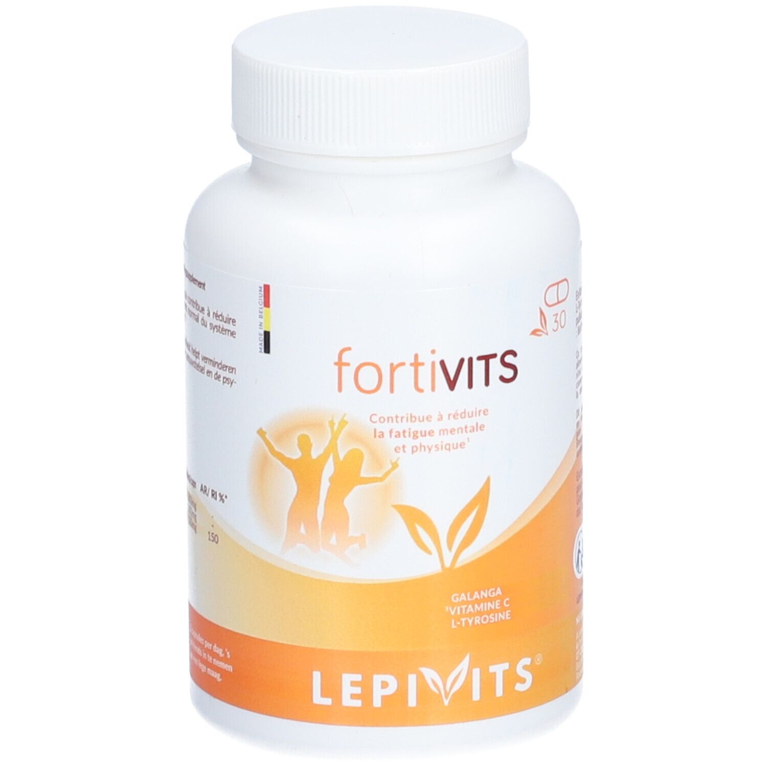 Witte fles met fortivits capsules. Opschrift: Lepivits, fortivits. Bevat 30 capsules. Oranje en gele details.