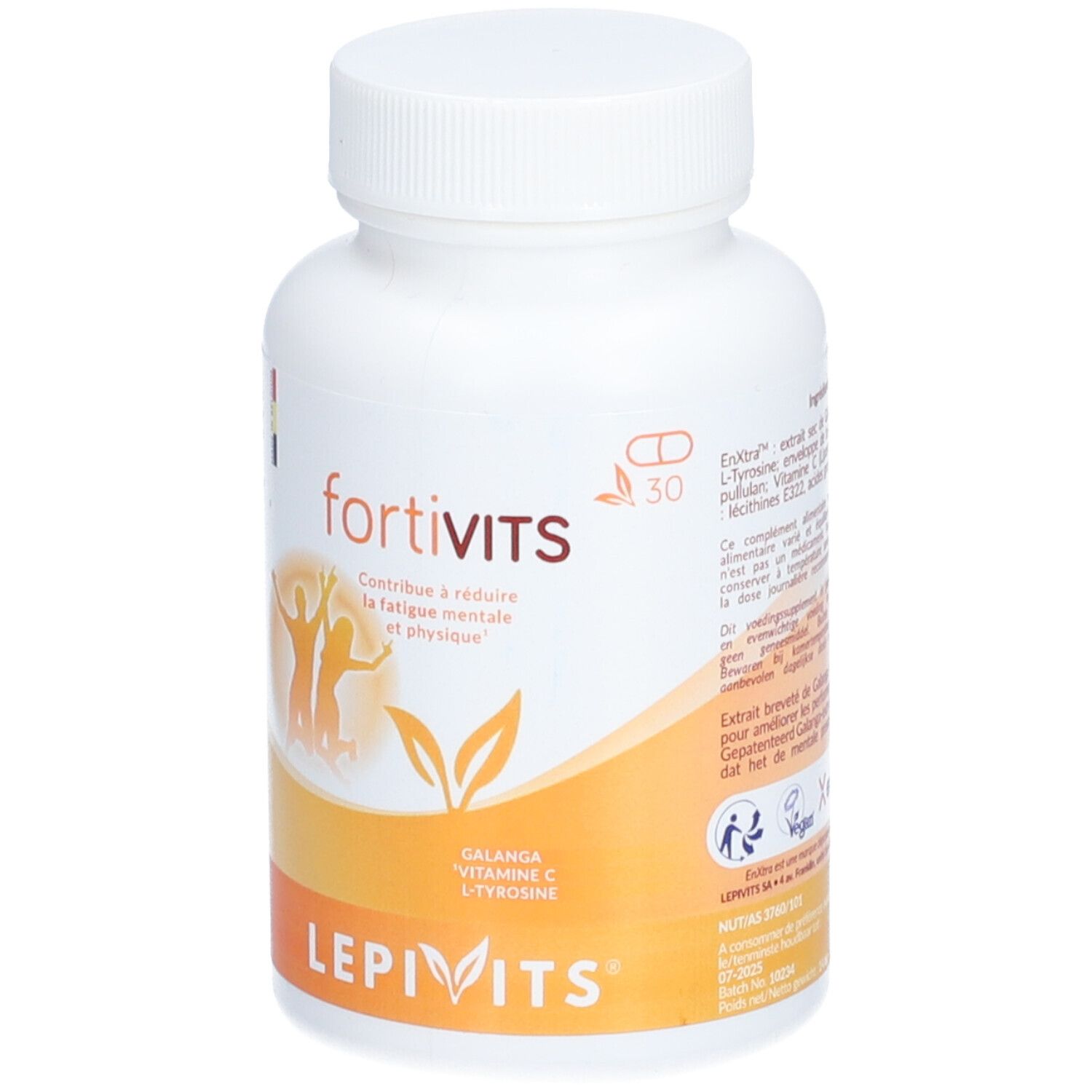 Witte fles met fortivits capsules. Opschrift: Lepivits, fortivits. Bevat 30 capsules. Oranje en gele details.