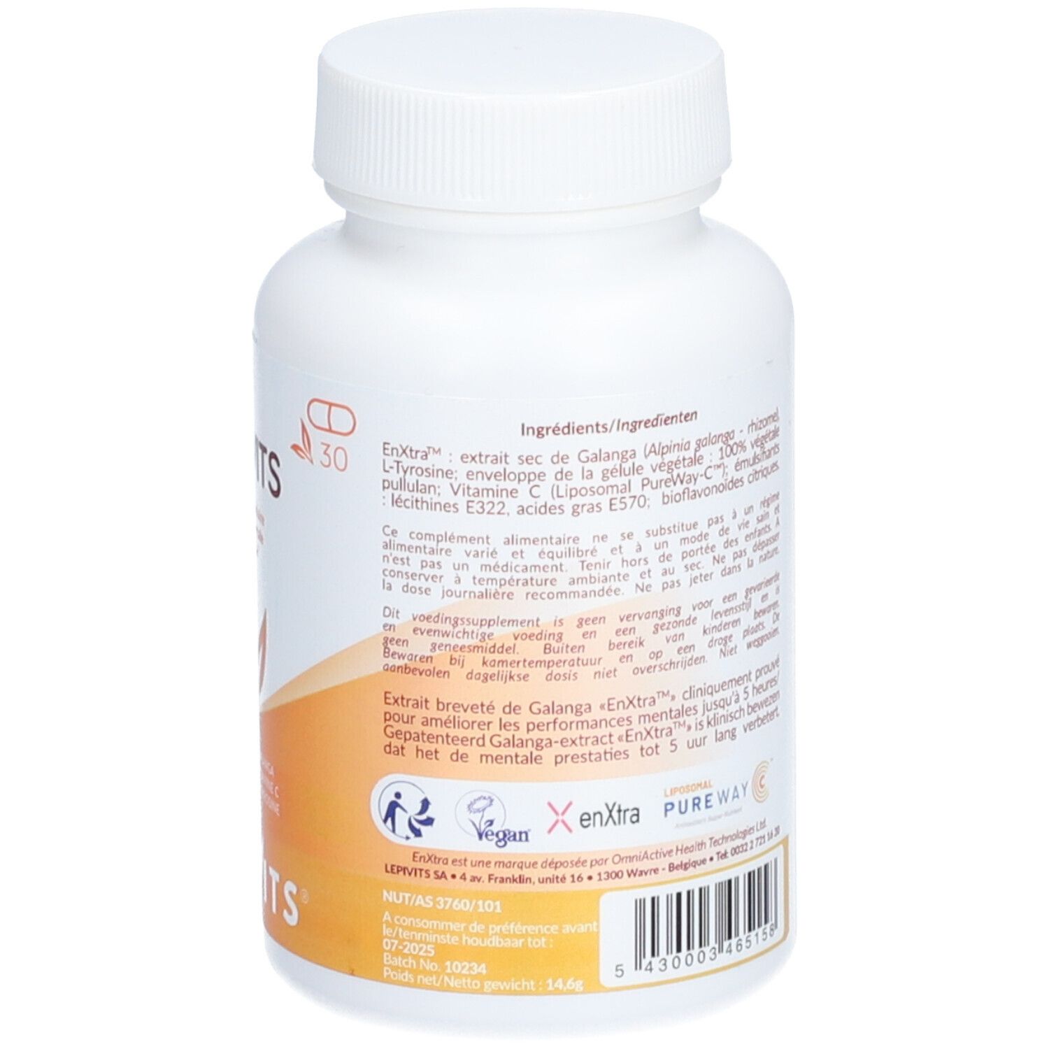 Achterkant van de witte fles met fortivits capsules. Tekst in meerdere talen. Oranje en gele achtergrond.