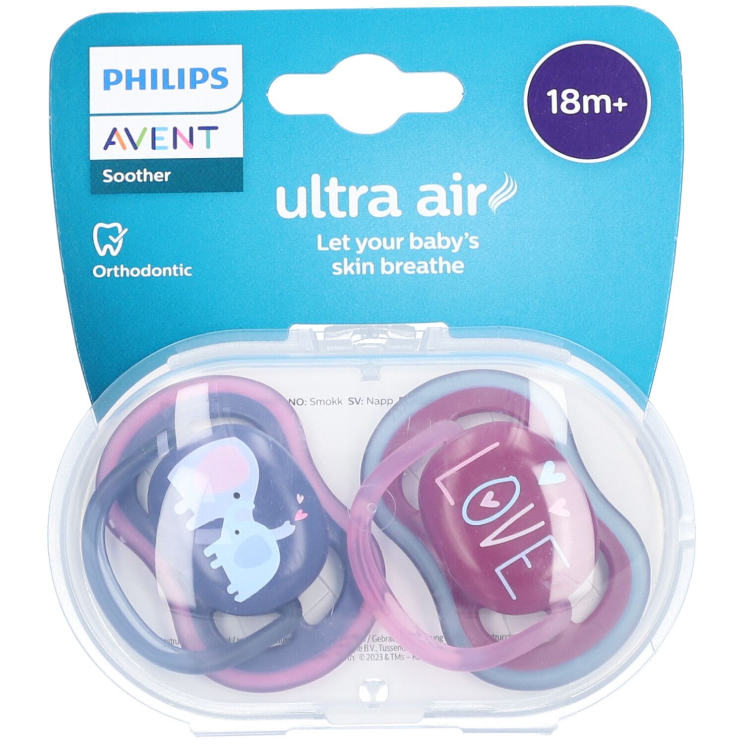 Deux sucettes dans un étui transparent. Couleurs violet et bleu. Motifs éléphant et "LOVE". Emballage avec logo "Philips Avent".
