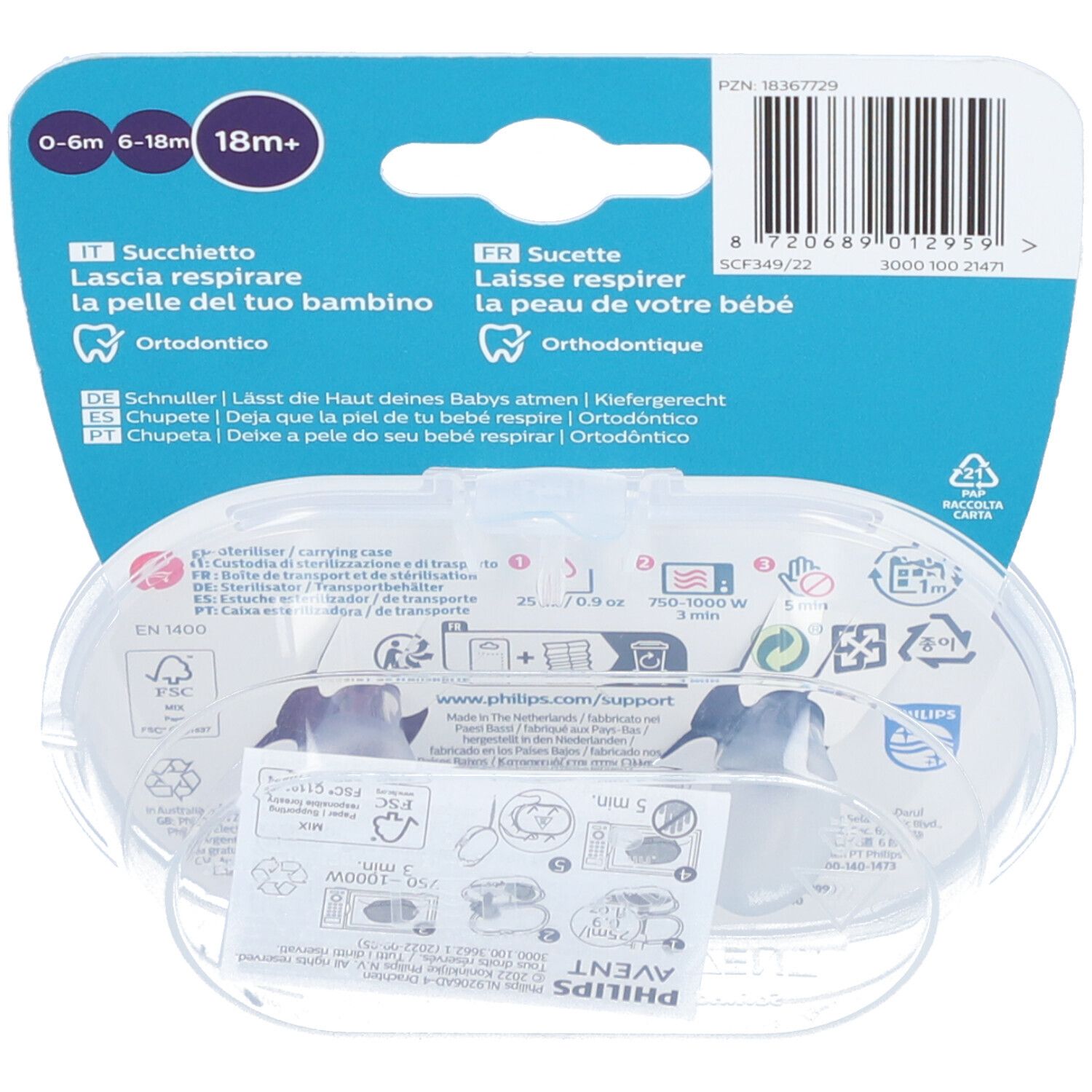 Dos de l'emballage avec informations produit. Texte multilingue. Code-barres et logos. Boîte de rangement transparente.