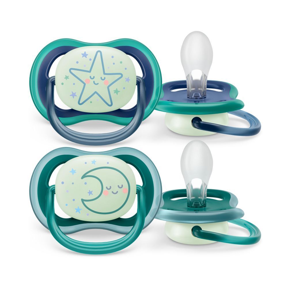 Quatre sucettes PHILIPS AVENT ultra air Nighttime. Deux avec motifs étoile et lune. Vert et bleu. Orthodontique.