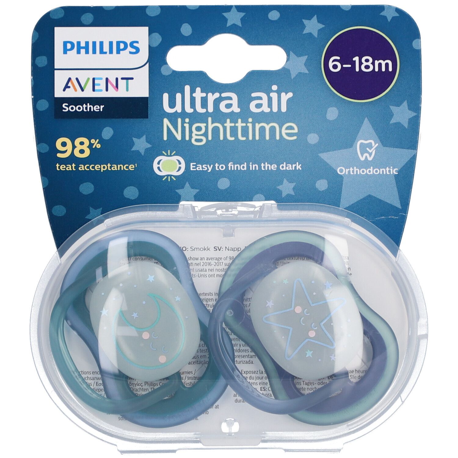 PHILIPS AVENT ultra air Nighttime Schnuller, zwei Stück in transparenter Verpackung. Blaue und grüne Farben. Mit Stern- und Mond-Motiv.