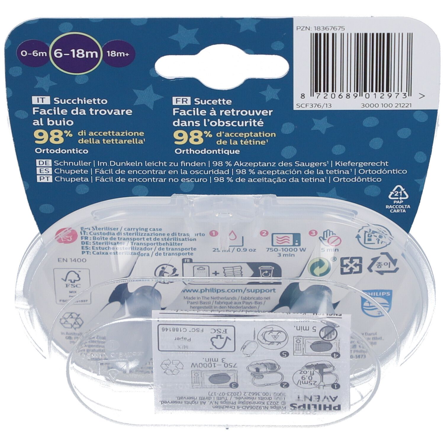 Rückseite der Verpackung von PHILIPS AVENT ultra air Nighttime Schnullern. Informationen in mehreren Sprachen, Barcode und Produktabbildungen.