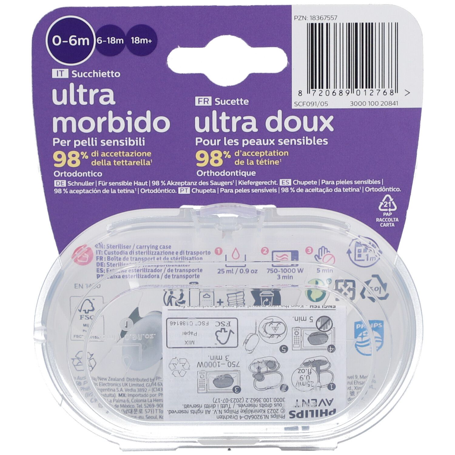 Verpackung mit zwei Schnullern. Aufschrift "Ultra Soft" und "0-6m". Rückseite mit Informationen in verschiedenen Sprachen und Sterilisationsanleitung.