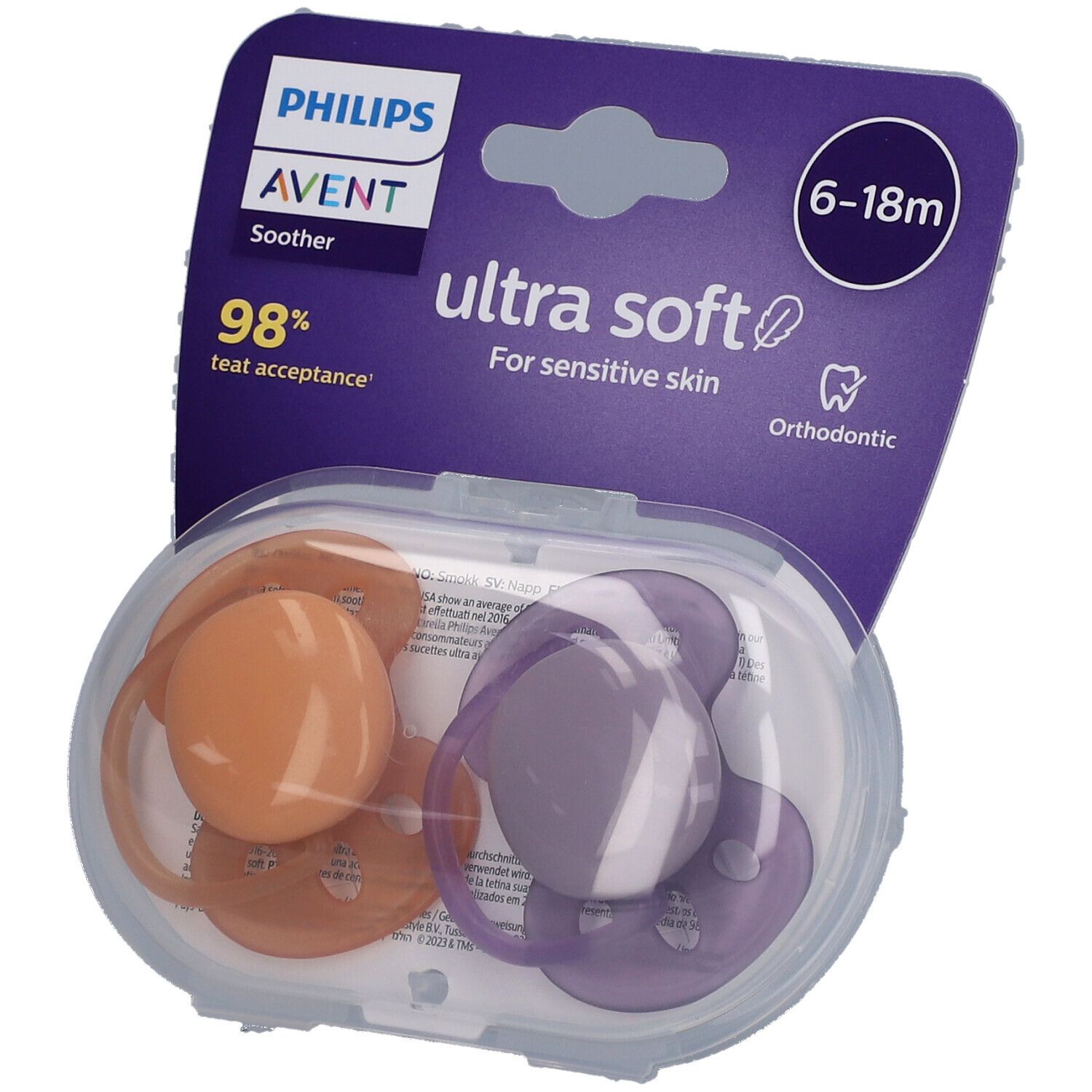 Verpackung mit zwei Schnullern. Violett-orangefarbene Silikon-Sauger, 6-18 Monate. Marke: Philips Avent, ultra soft.
