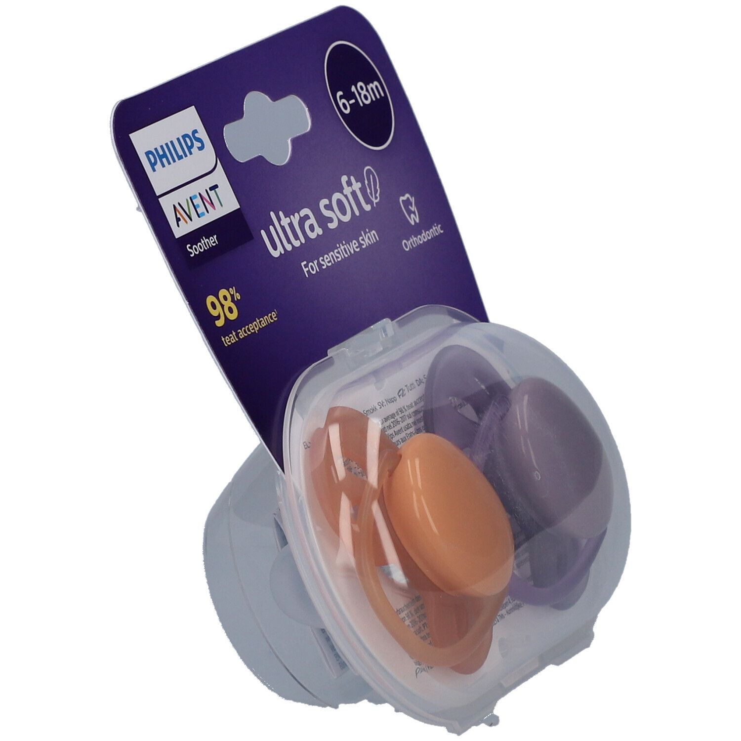 Verpackung mit zwei Schnullern. Violett-orangefarbene Silikon-Sauger, 6-18 Monate. Marke: Philips Avent, ultra soft.