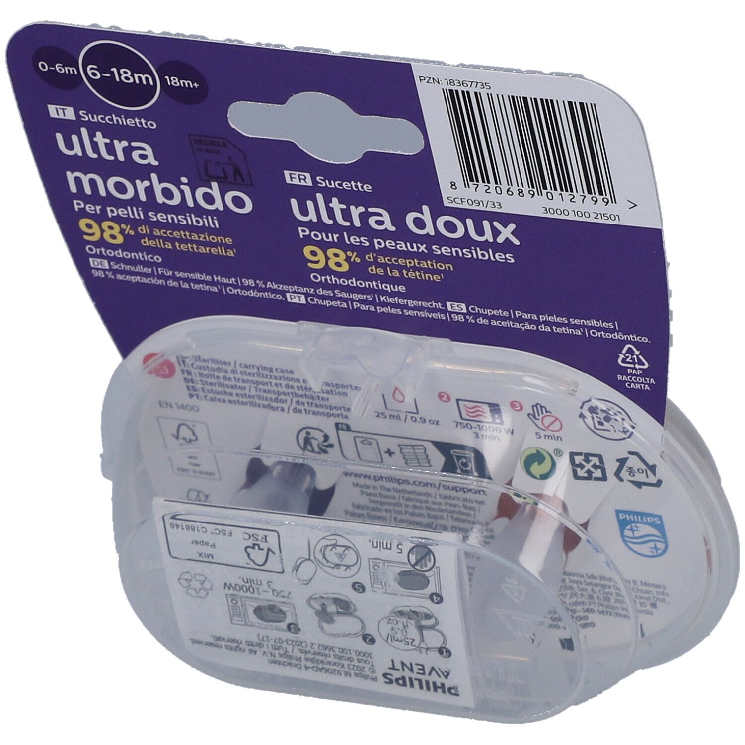 Verpackung mit zwei Schnullern. Rückseite mit Produktinformationen. Marke: Philips Avent, ultra soft, 0-18 Monate.