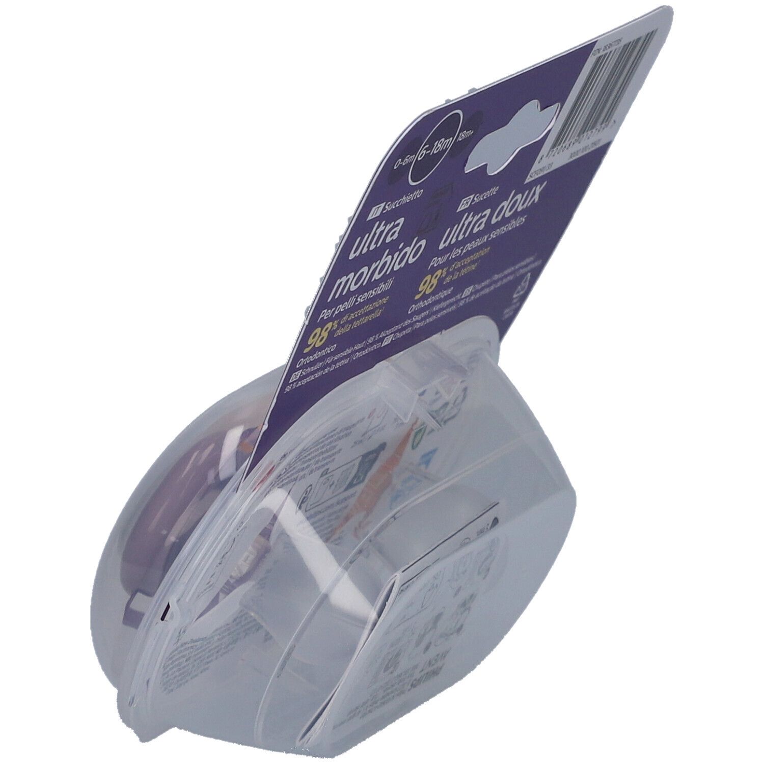 Verpackung mit zwei Schnullern. Rückseite mit Produktinformationen. Marke: Philips Avent, ultra soft, 0-18 Monate.
