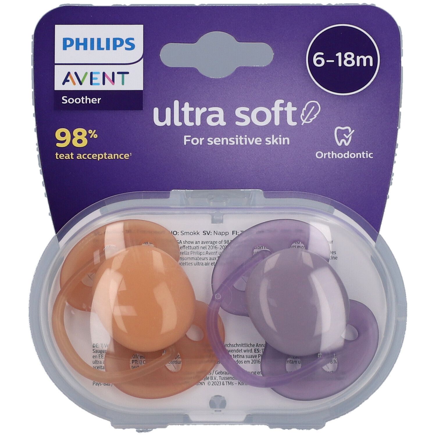 Verpackung mit zwei Schnullern. Violett-orangefarbene Silikon-Sauger, 6-18 Monate. Marke: Philips Avent, ultra soft.