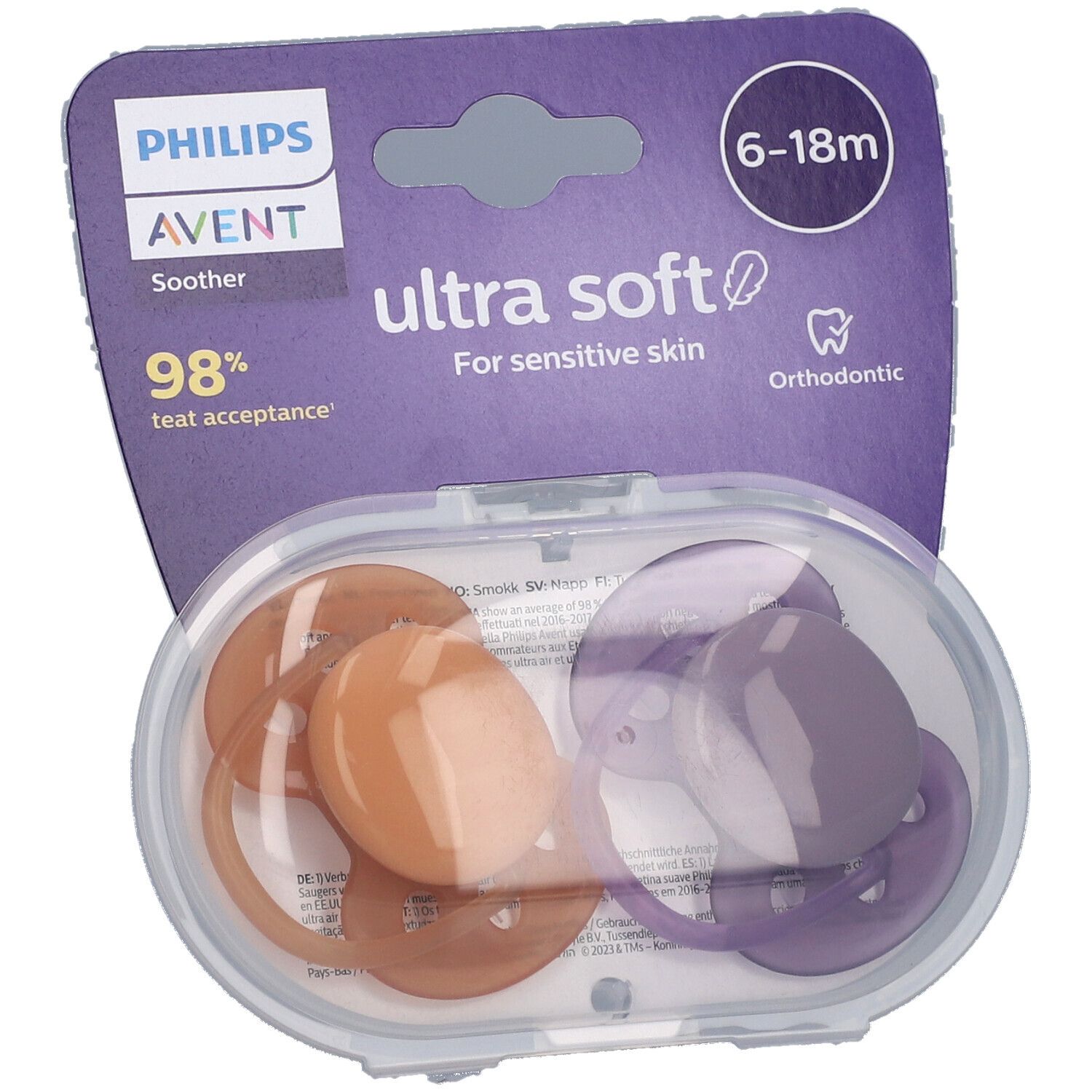 Verpackung mit zwei Schnullern. Violett-orangefarbene Silikon-Sauger, 6-18 Monate. Marke: Philips Avent, ultra soft.