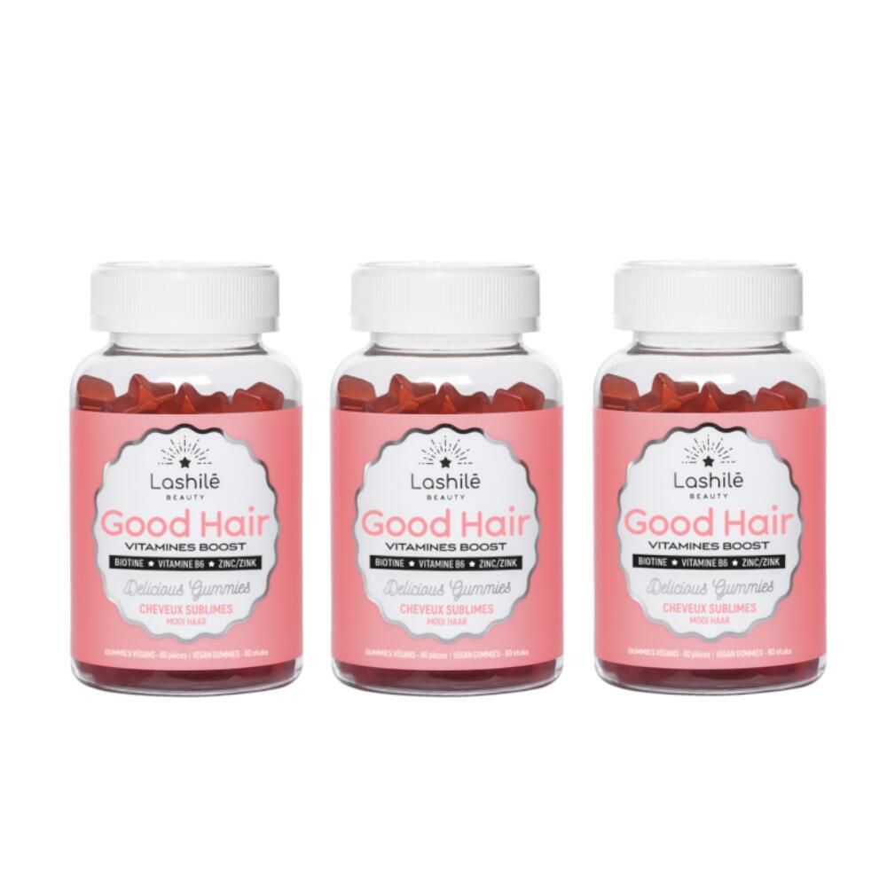 Fles gummies. Opschrift: Good Hair, Vitamines Boost. Roze etiket. Sterren.