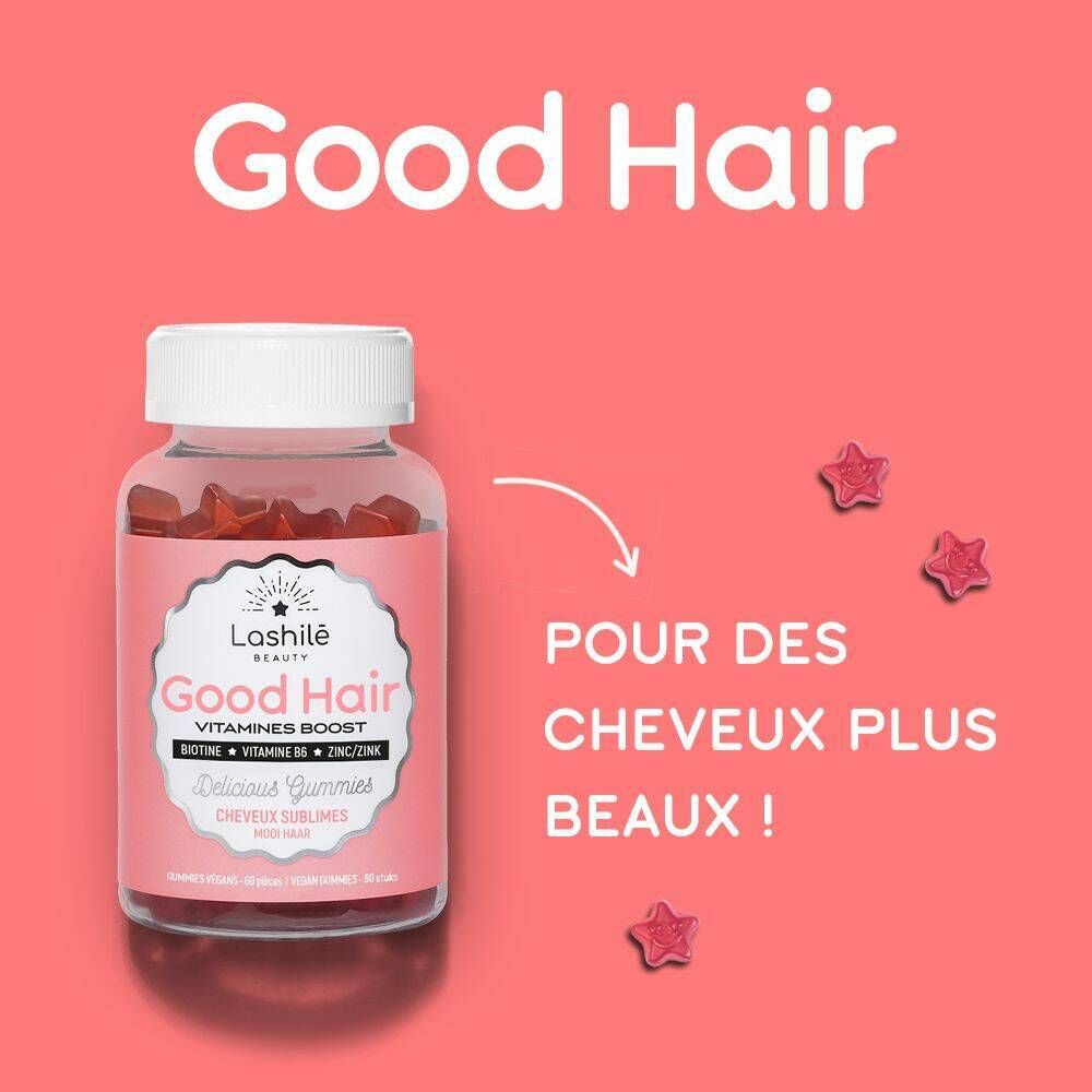 Flacon de gummies. Inscription: Good Hair, Vitamines Boost. Étiquette rose. Texte et étoiles.