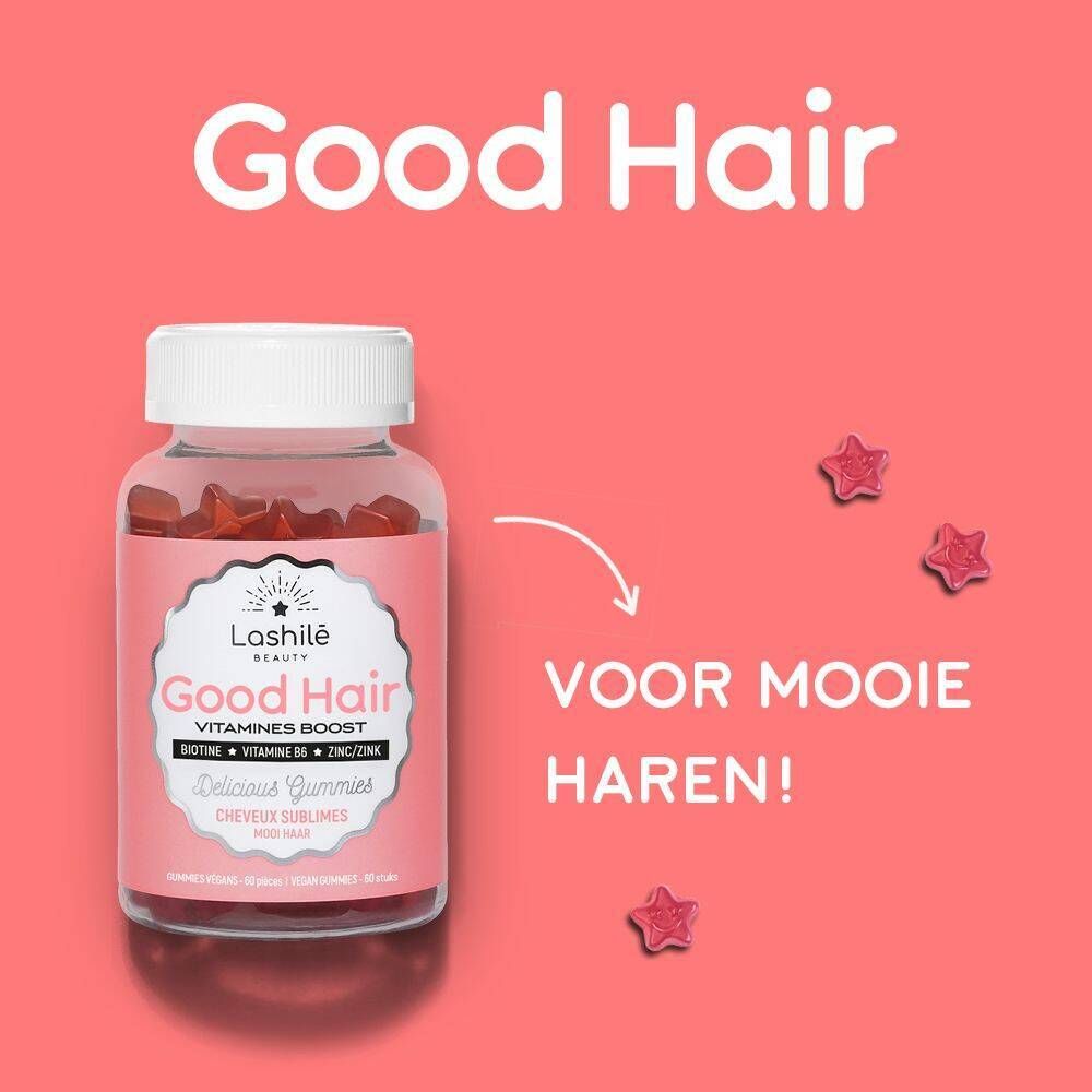 Fles gummies. Opschrift: Good Hair, Vitamines Boost. Roze etiket. Sterren.