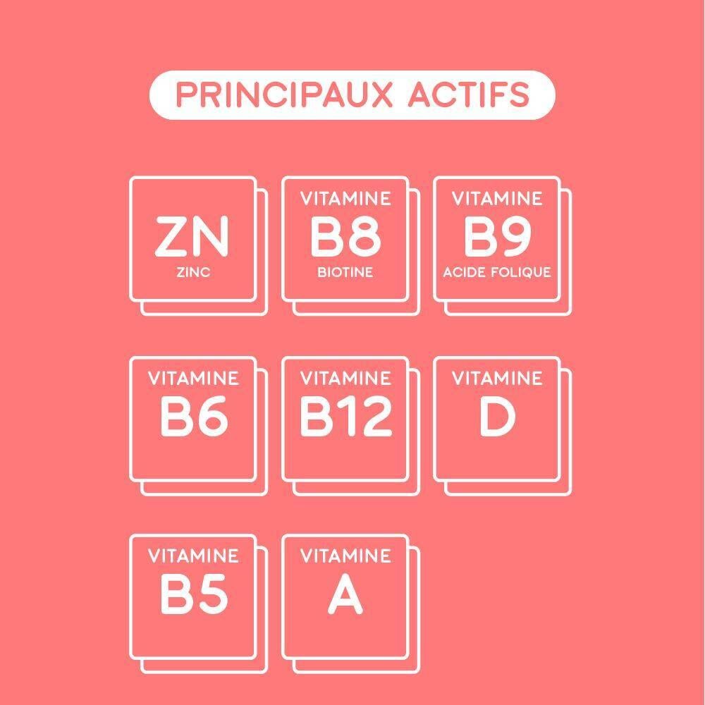 Tableau nutritionnel. Ingrédients: vitamines, minéraux, autres substances. Logo vegan.