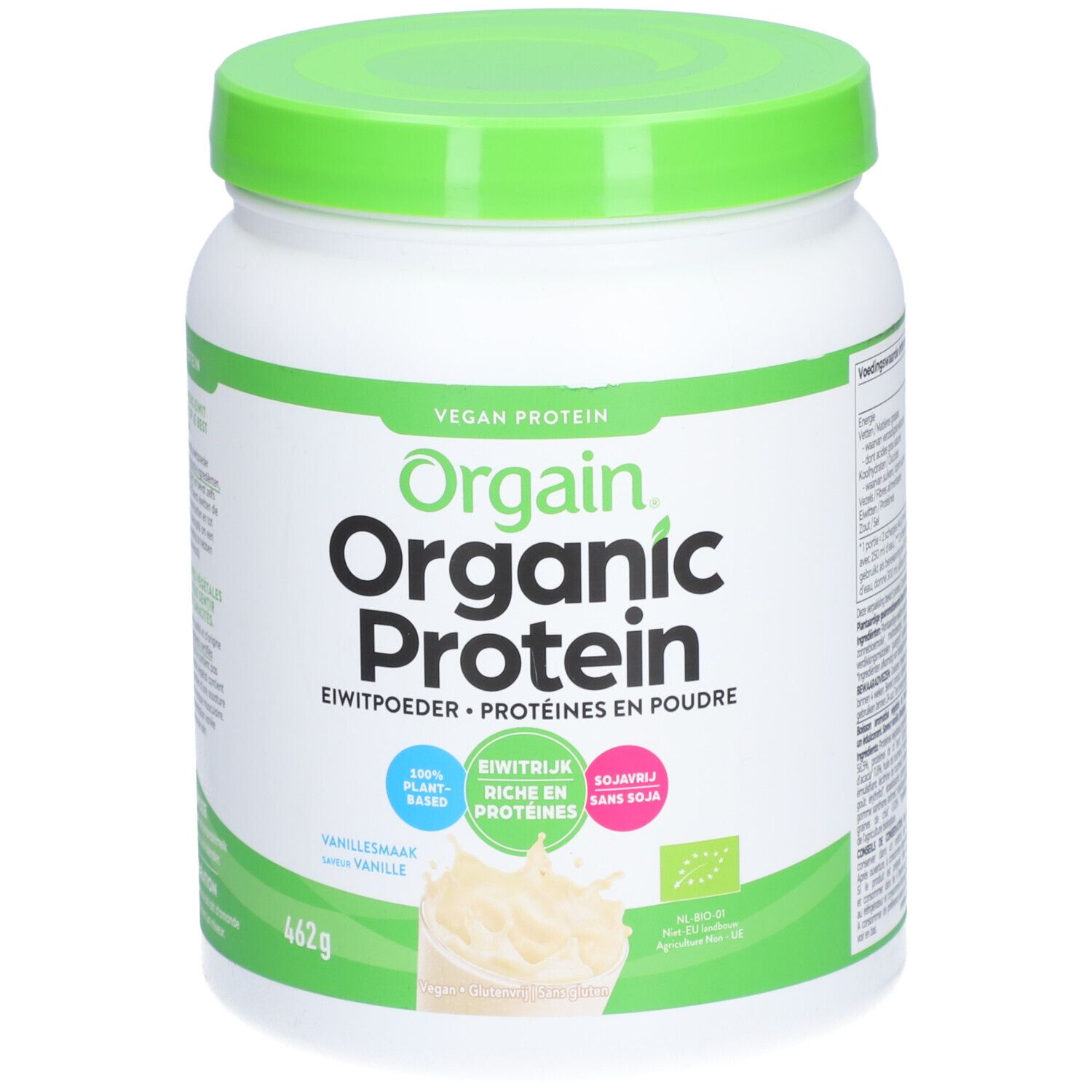Pot blanc avec couvercle vert. Inscription : Orgain Organic Protein, goût vanille. 462g. Végétalien, 100% végétal.