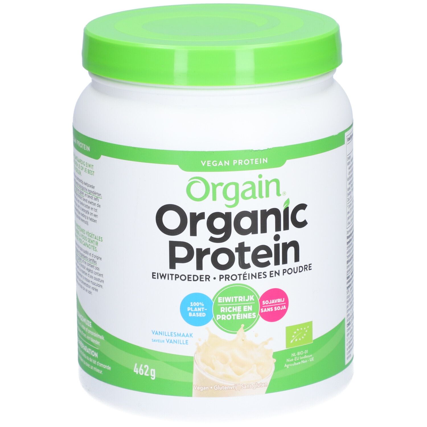 Pot blanc avec couvercle vert. Inscription : Orgain Organic Protein, goût vanille. 462g. Végétalien, 100% végétal.