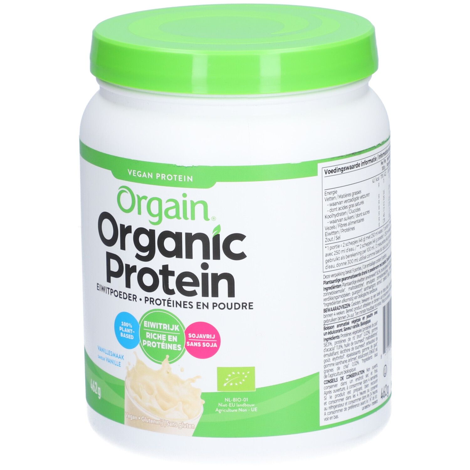 Pot blanc avec couvercle vert. Inscription : Orgain Organic Protein, goût vanille. 462g. Végétalien, 100% végétal.
