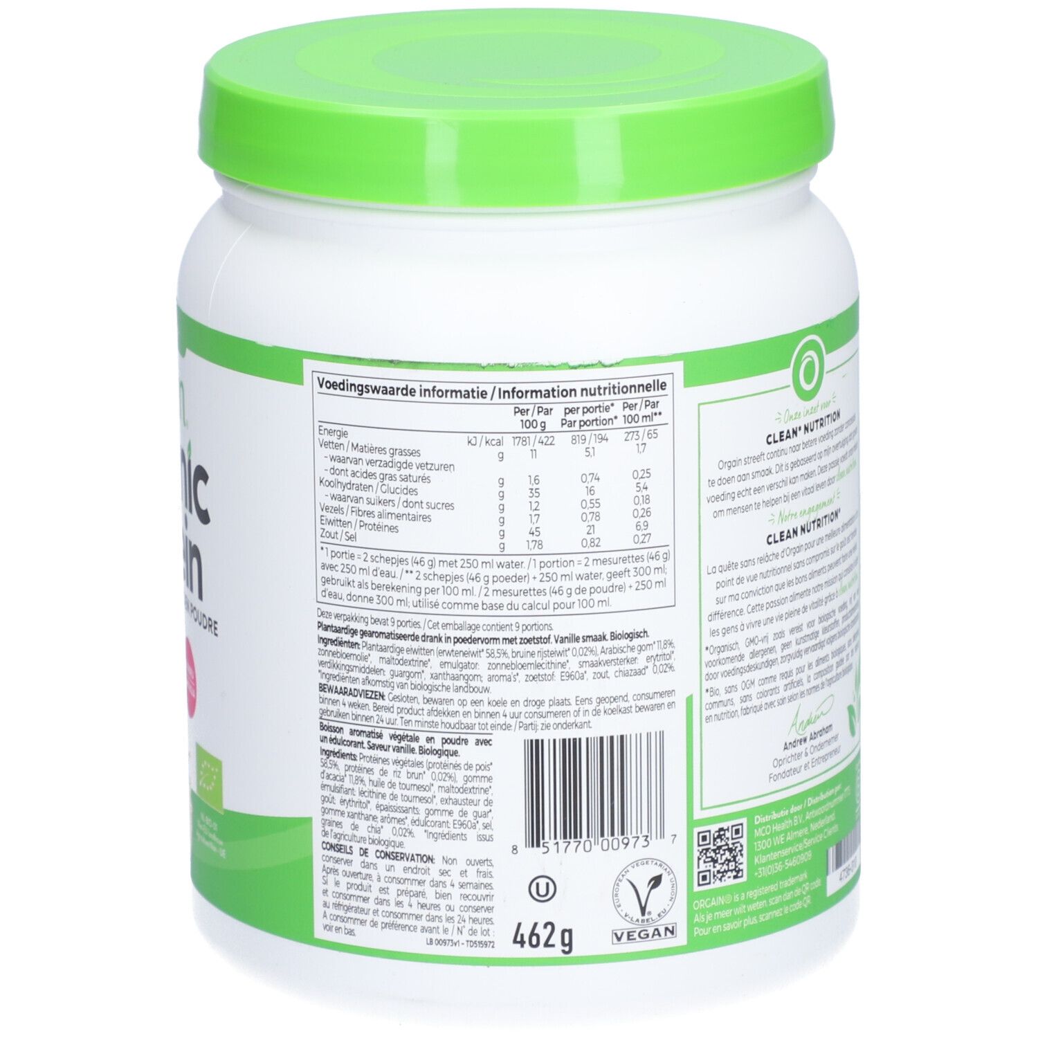 Dos du pot. Texte en plusieurs langues. Logo végétalien. Liste des ingrédients et informations nutritionnelles. Instructions de préparation.
