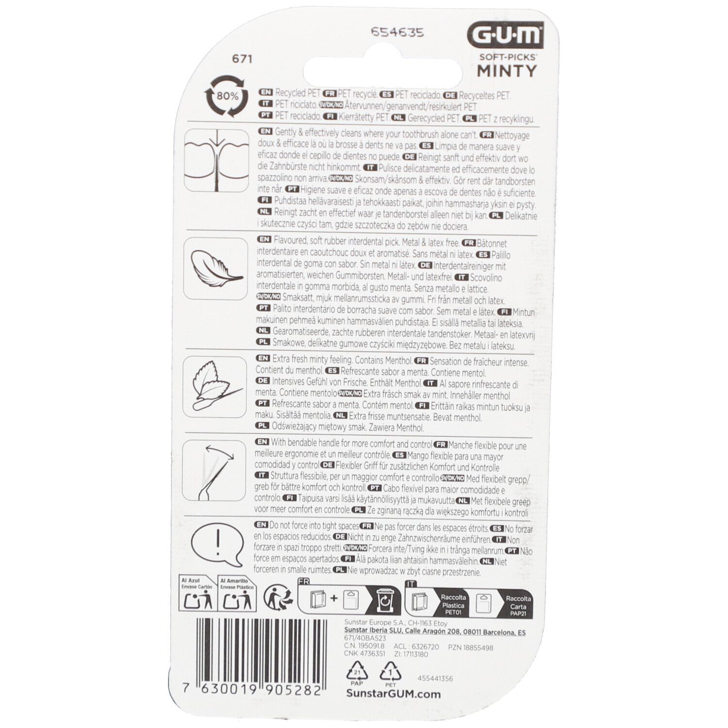 Rückseite der GUM Soft-Picks Minty Verpackung. Text in mehreren Sprachen. Enthält Informationen zu Inhaltsstoffen und Anwendung.