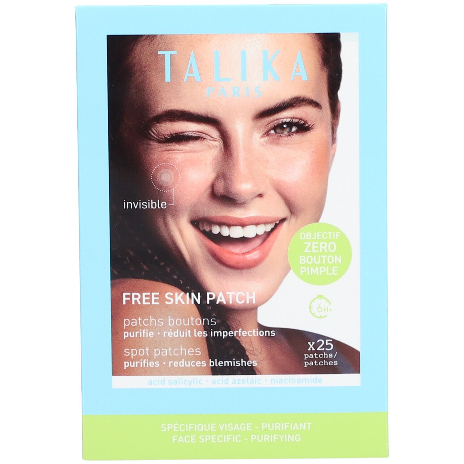 Verpakking met productafbeelding en tekst. Opschrift: Talika, Free Skin Patch, Objectif Zero Bouton/Pimple.
