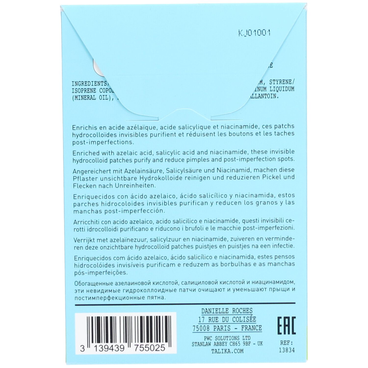 Achterkant van de productverpakking met tekst. Bevat ingrediënten en instructies in meerdere talen.