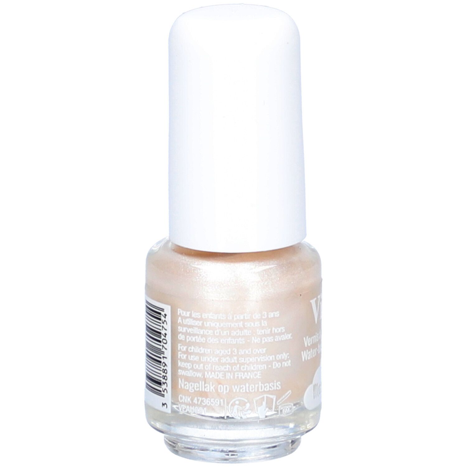 Vitry Nagellack auf Wasserbasis, Farbe Meringue, Rückseite mit Barcode und Hinweisen.