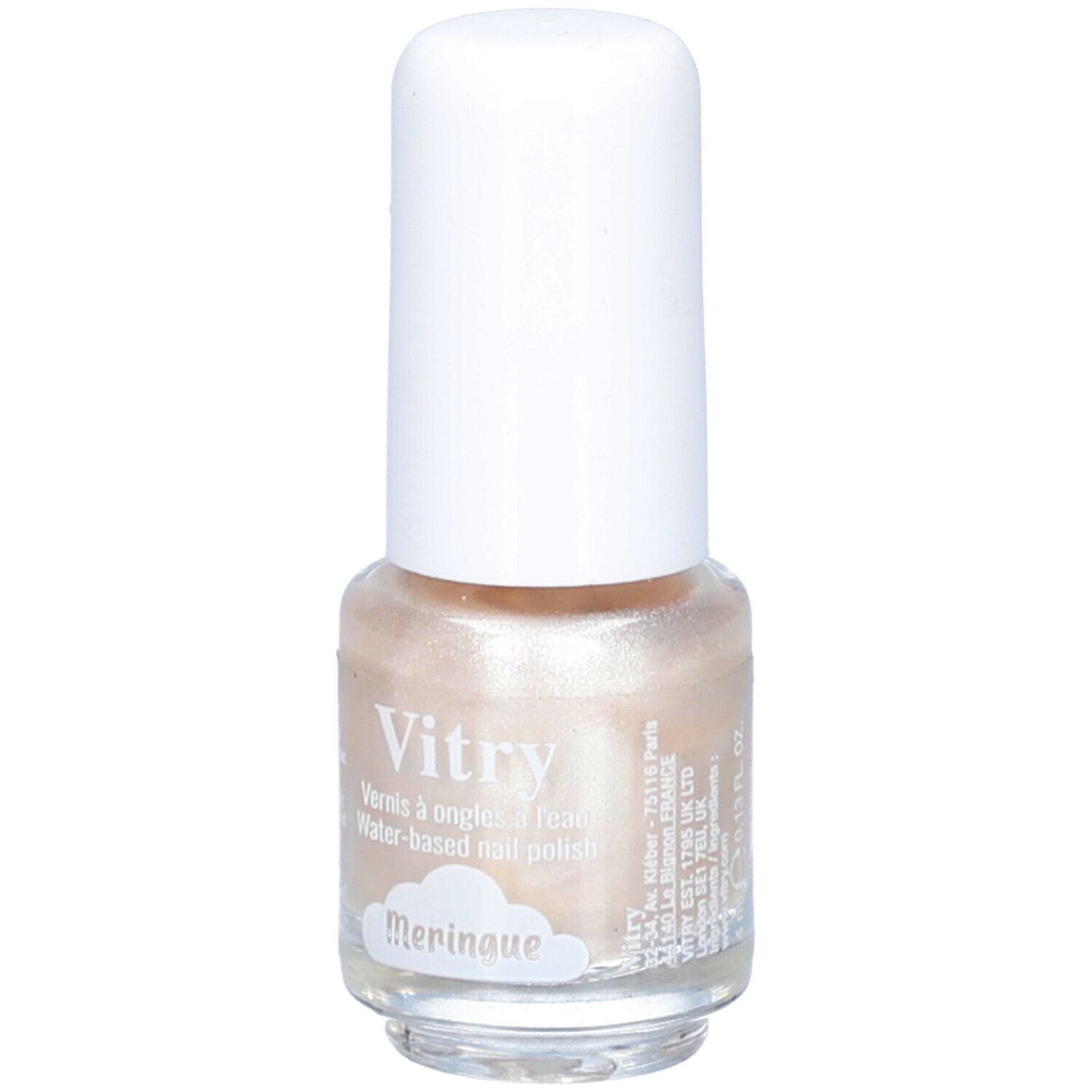 Vitry Nagellack auf Wasserbasis, Farbe Meringue, Vorderseite mit Etikett.