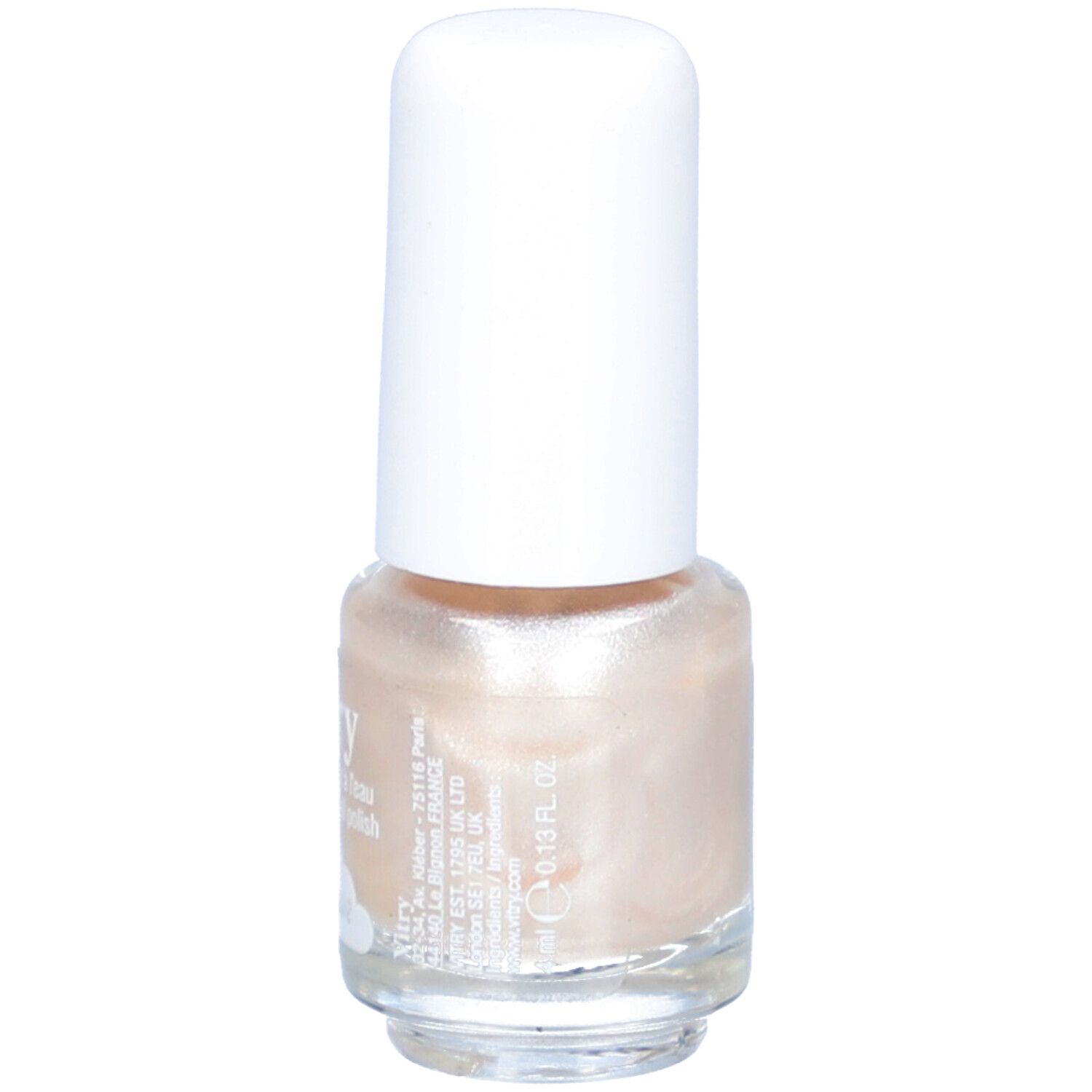 Vitry Nagellack auf Wasserbasis, Farbe Meringue, Seite mit Größenangabe.