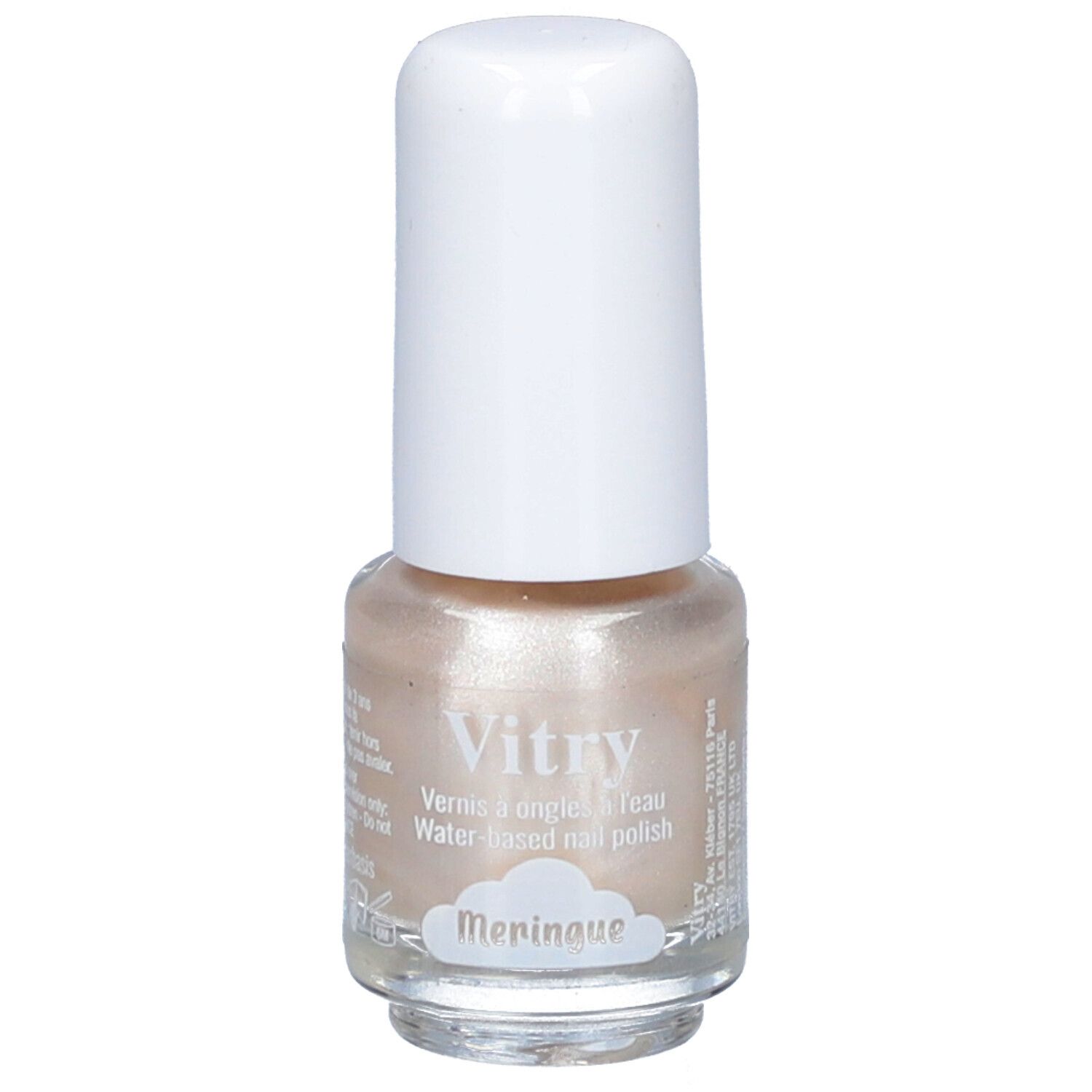 Vitry Nagellack auf Wasserbasis, Farbe Meringue, Fläschchen mit weißem Deckel.