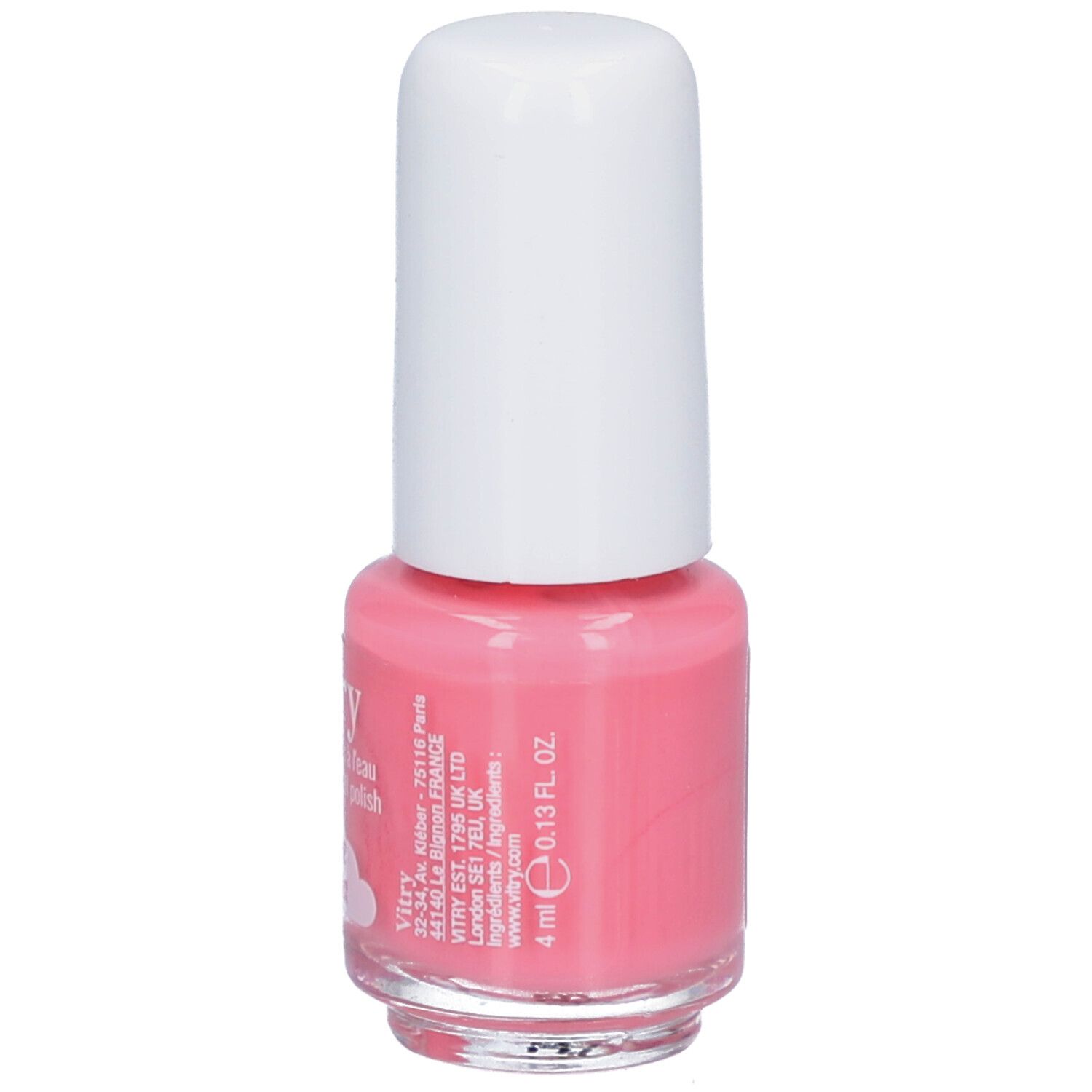 Rosa Nagellackflasche mit weißem Deckel. Aufschrift: Vitry, 4 ml. Wasserbasierter Nagellack.