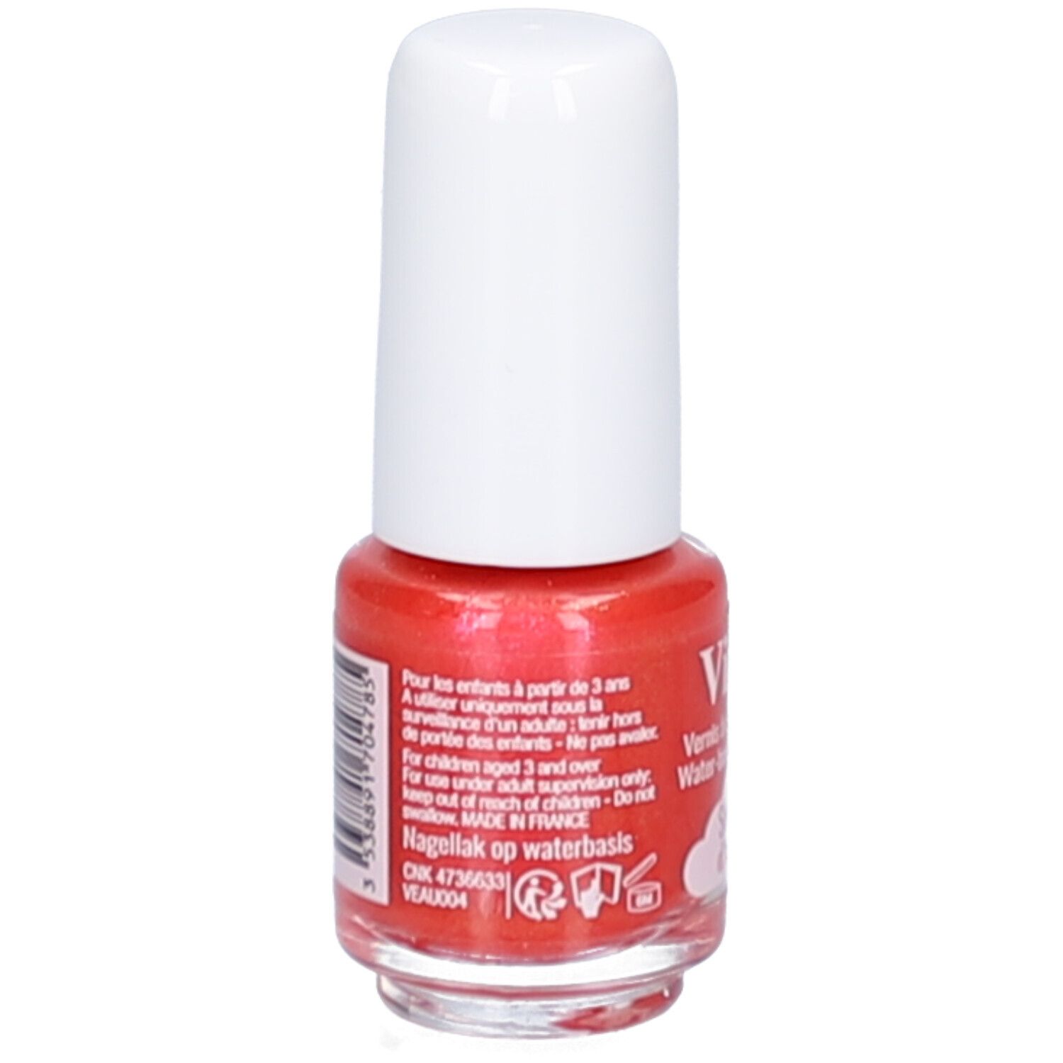 Vitry Nagellack auf Wasserbasis, Rückseite mit Barcode und Anwendungshinweisen. Roter Nagellack in durchsichtigem Fläschchen.