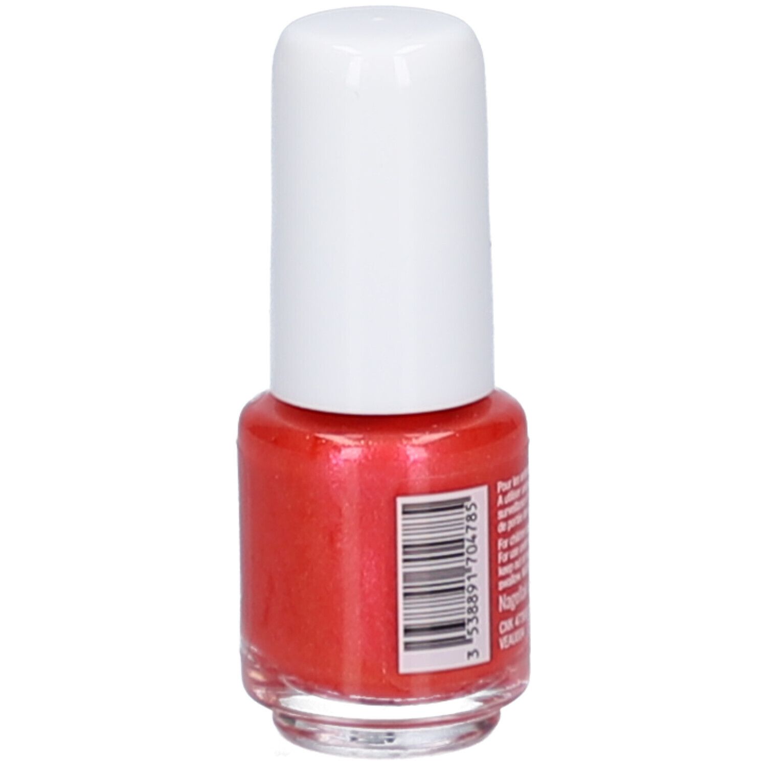 Vitry Nagellack auf Wasserbasis, Seite mit Barcode. Roter Nagellack in durchsichtigem Fläschchen mit weißem Deckel.