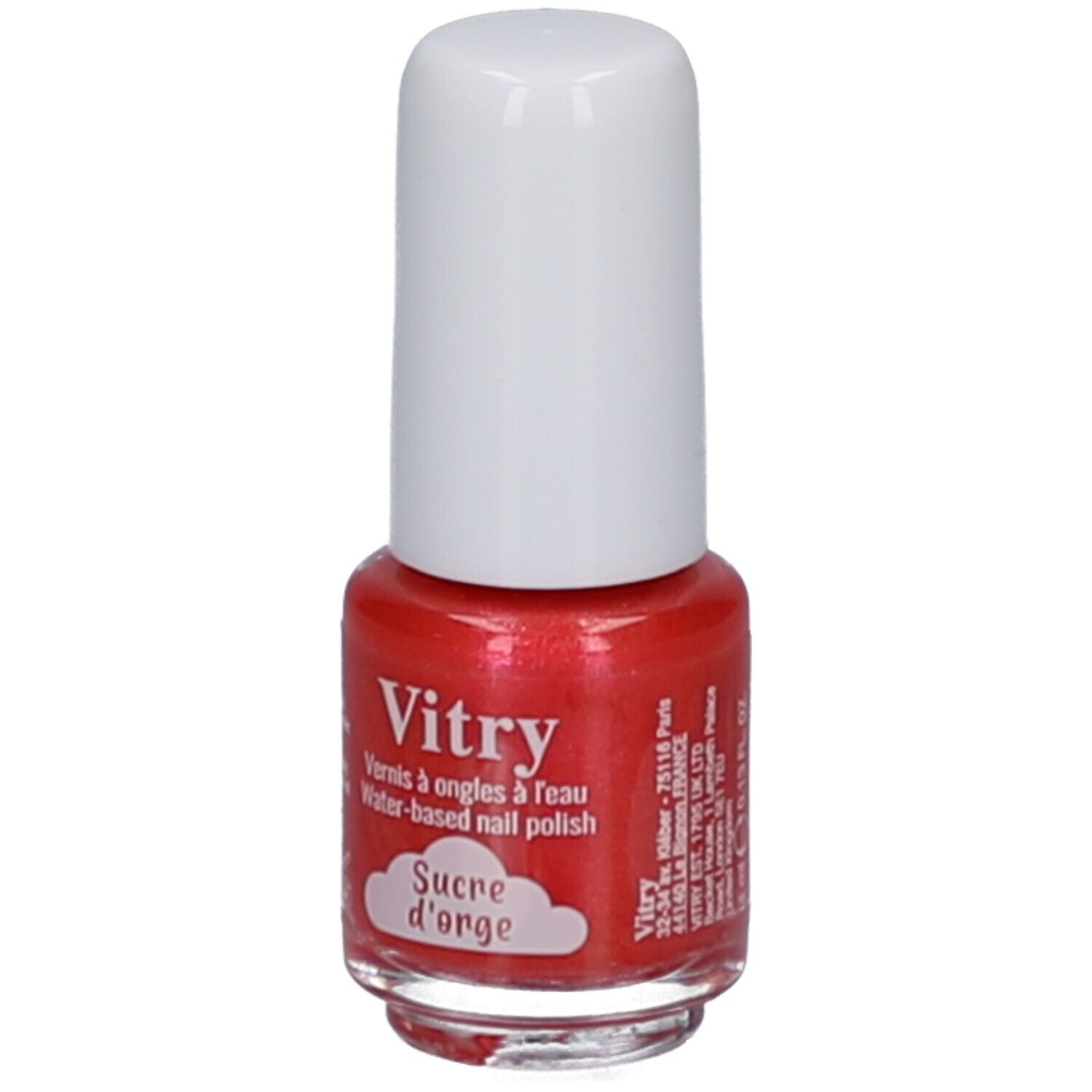 Vitry Nagellack auf Wasserbasis, Farbe Gerstenzucker. Roter Nagellack in durchsichtigem Fläschchen mit weißem Deckel.