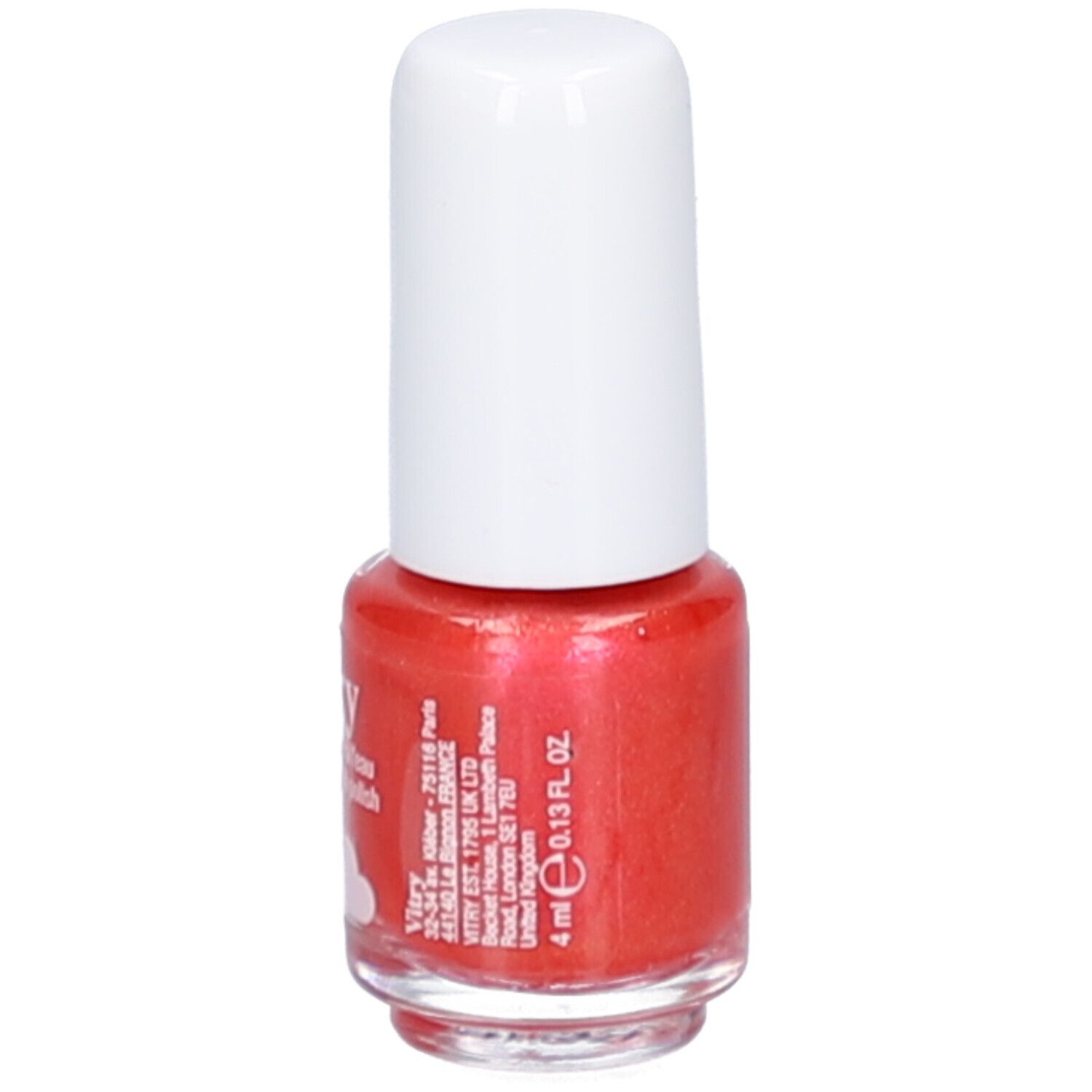 Roter Nagellackflakon mit weißem Deckel. Aufschrift: Vitry, Water-based nail polish, Sucre d'orge. 4 ml.