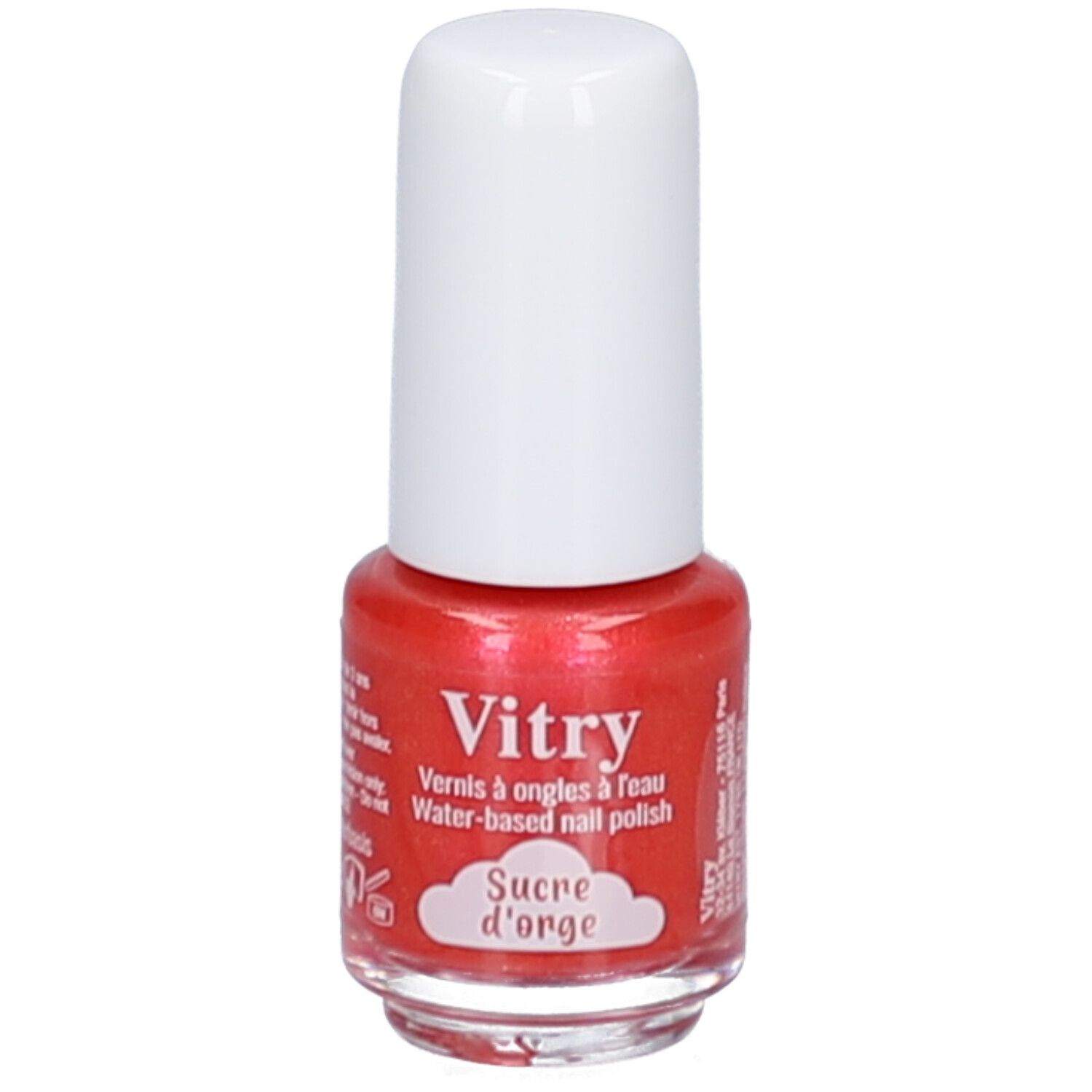 Roter Nagellackflakon mit weißem Deckel. Aufschrift: Vitry, Water-based nail polish, Sucre d'orge.