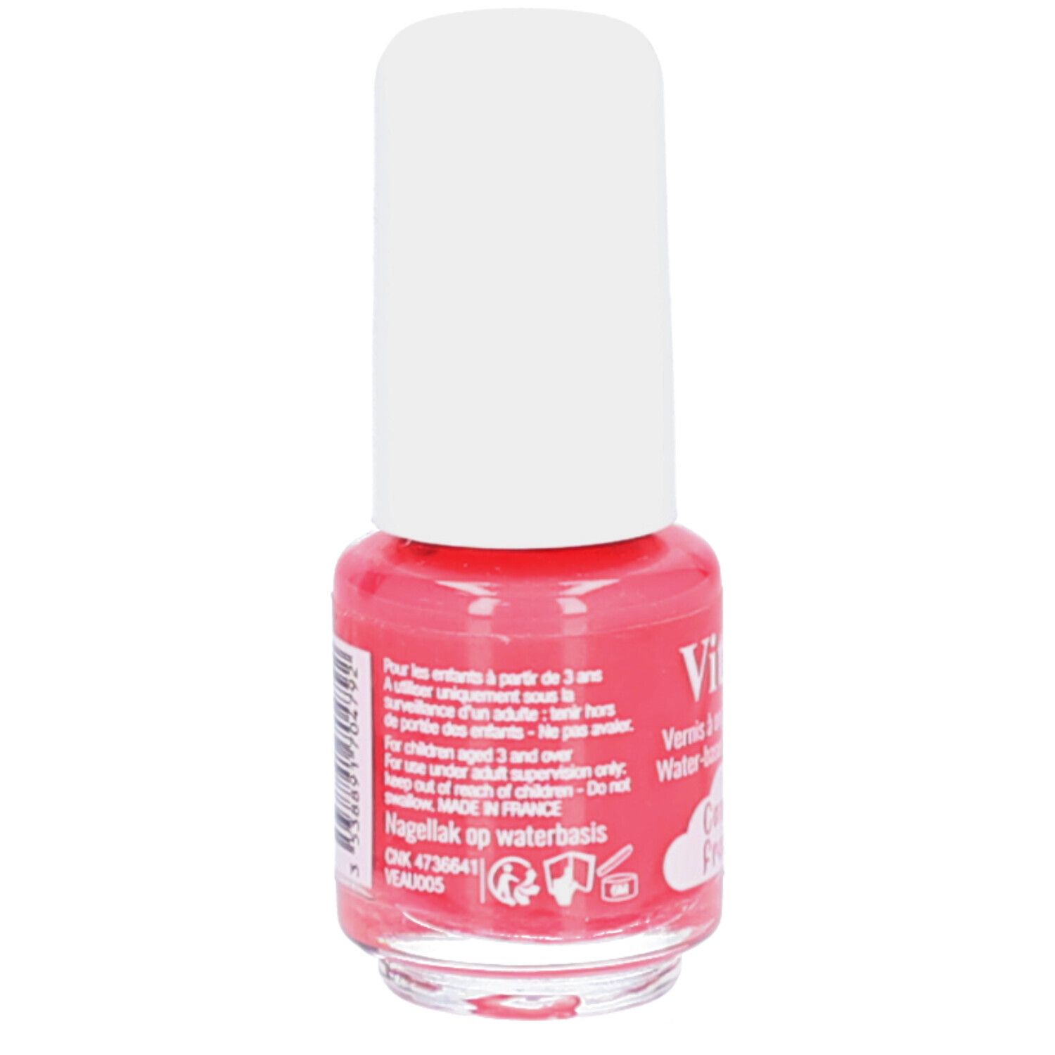 Nagellackflasche mit weißem Deckel. Rosa Flüssigkeit. Aufschrift: Vitry. Text auf Französisch und Niederländisch.