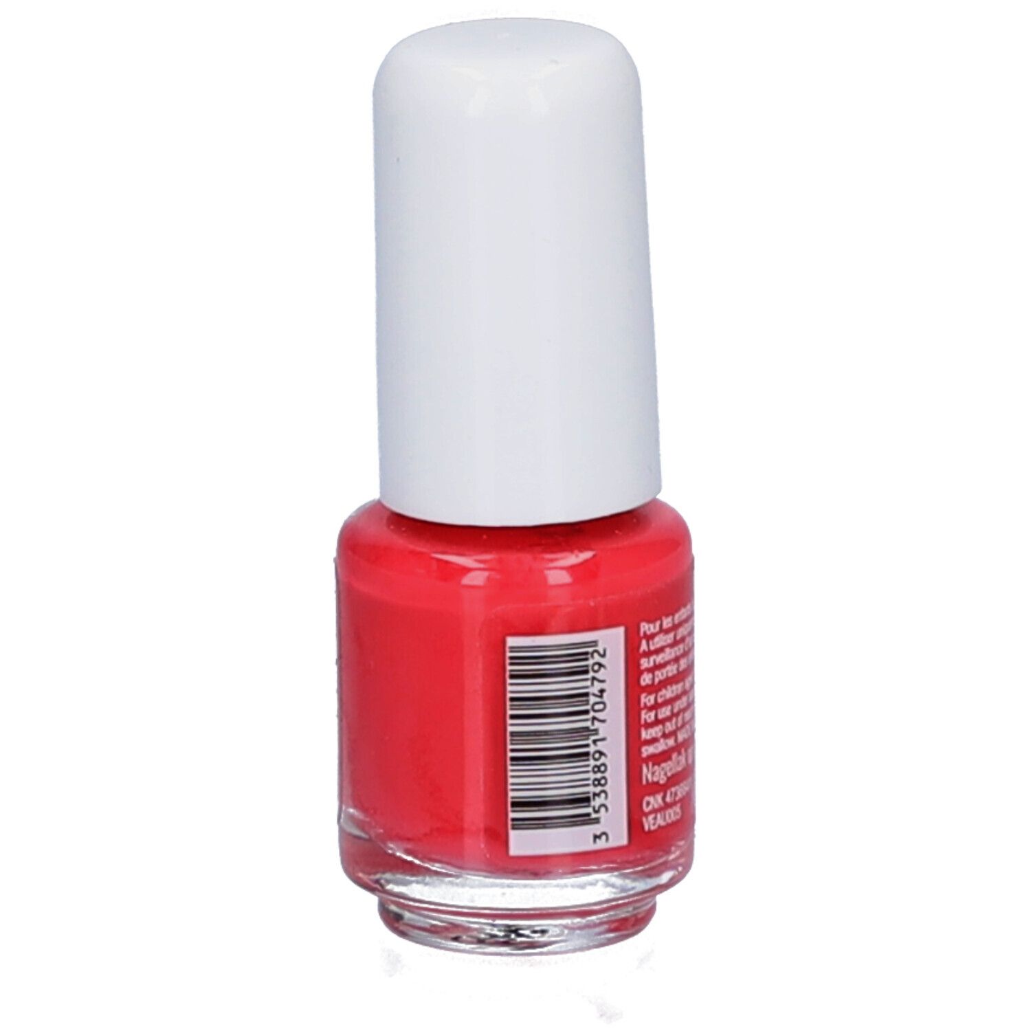 Nagellackflasche mit weißem Deckel. Rote Flüssigkeit. Barcode auf der Rückseite.